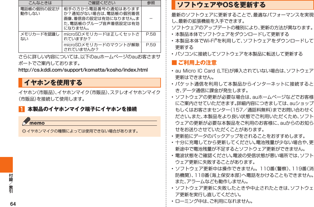 64こんなときは ご確認ください 参照電話帳の個別の設定が動作しない相手の方から電話番号の通知はありますか？通知がない場合は、電話帳の個別着信画像、着信音の設定は有効になりません。また、電話帳のグループ音声着信設定は有効になりません。−メモリカードを認識しないmicroSDメモリカードは正しくセットされていますか？P. 58 microSDメモリカードのマウントが解除されていませんか？P. 59 さらに詳しい内容については、以下のauホームページのauお客さまサポートでご案内しております。http://cs.kddi.com/support/komatta/kosho/index.html イヤホンを使用するイヤホン（市販品）、イヤホンマイク（市販品）、ステレオイヤホンマイク（市販品）を接続して使用します。󱈠  本製品のイヤホンマイク端子にイヤホンを接続◎ イヤホンマイクの種類によっては使用できない場合があります。  ソフトウェアや OSを更新する最新のソフトウェアに更新することで、最適なパフォーマンスを実現し、最新の拡張機能を入手できます。ソフトウェアのアップデートの種別により、更新の方法が異なります。• 本製品本体でソフトウェアをダウンロードして更新する• 本製品本体でWi-Fi®を利用して、ソフトウェアをダウンロードして更新する• パソコンに接続してソフトウェアを本製品に転送して更新する■ ご利用上の注意• au Micro IC Card (LTE)が挿入されていない場合は、ソフトウェア更新はできません。• パケット通信を利用して本製品からインターネットに接続するとき、データ通信に課金が発生します。• ソフトウェアの更新が必要な場合は、auホームページなどでお客様にご案内させていただきます。詳細内容につきましては、auショップもしくはお客さまセンター（157／通話料無料）までお問い合わせください。また、本製品をより良い状態でご利用いただくため、ソフトウェアの更新が必要な本製品をご利用のお客様に、auからのお知らせをお送りさせていただくことがあります。• 更新前にデータのバックアップをされることをおすすめします。• 十分に充電してから更新してください。電池残量が少ない場合や、更新途中で電池残量が不足するとソフトウェア更新ができません。• 電波状態をご確認ください。電波の受信状態が悪い場所では、ソフトウェア更新に失敗することがあります。• ソフトウェア更新中は操作できません。110番（警察）、119番（消防機関）、118番（海上保安本部）へ電話をかけることもできません。また、アラームなども動作しません。• ソフトウェア更新に失敗したときや中止されたときは、ソフトウェア更新を実行し直してください。• ローミング中は、ご利用になれません。