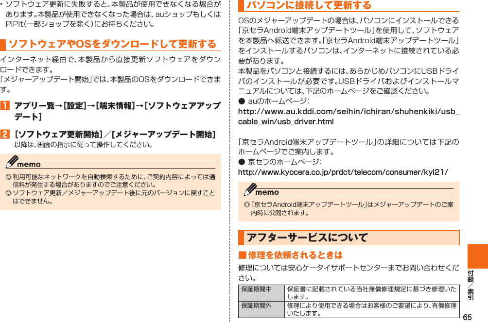 65• ソフトウェア更新に失敗すると、本製品が使用できなくなる場合があります。本製品が使用できなくなった場合は、auショップもしくはPiPit（一部ショップを除く）にお持ちください。 ソフトウェアやOSをダウンロードして 更新するインターネット経由で、本製品から直接更新ソフトウェアをダウンロードできます。「メジャーアップデート開始」では、本製品のOSをダウンロードできます。󱈠  アプリ一覧→［設定］→［端末情報］→［ソフトウェアアップデート］󱈢 ［ソフトウェア更新開始］／[メジャーアップデート開始]以降は、画面の指示に従って操作してください。◎ 利用可能なネットワークを自動検索するために、ご契約内容によっては通信料が発生する場合がありますのでご注意ください。◎ ソフトウェア更新／メジャーアップデート後に元のバージョンに戻すことはできません。パソコンに接続して更新するOSのメジャーアップデートの場合は、パソコンにインストールできる「京セラAndroid端末アップデートツール」を使用して、ソフトウェアを本製品へ転送できます。「京セラAndroid端末アップデートツール」をインストールするパソコンは、インターネットに接続されている必要があります。本製品をパソコンと接続するには、あらかじめパソコンにUSBドライバのインストールが必要です。USBドライバおよびインストールマニュアルについては、下記のホームページをご確認ください。● auのホームページ：http://www.au.kddi.com/seihin/ichiran/shuhenkiki/usb_cable_win/usb_driver.html「京セラAndroid端末アップデートツール」の詳細については下記のホームページでご案内します。● 京セラのホームページ：http://www.kyocera.co.jp/prdct/telecom/consumer/kyl21/◎ 「京セラAndroid端末アップデートツール」はメジャーアップデートのご案内時に公開されます。  アフターサービスについて■ 修理を依頼されるときは修理については安心ケータイサポートセンターまでお問い合わせください。保証期間中 保証書に記載されている当社無償修理規定に基づき修理いたします。保証期間外 修理により使用できる場合はお客様のご要望により、有償修理いたします。