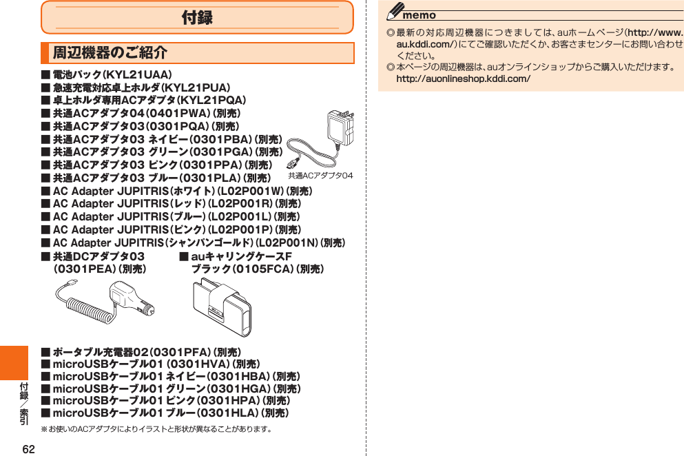 62付録  周辺機器のご紹介■ 電池パック（KYL21UAA）■ 急速充電対応卓上ホルダ（KYL21PUA）■ 卓上ホルダ専用ACアダプタ（KYL21PQA）■ 共通ACアダプタ04（0401PWA）（別売）■ 共通ACアダプタ03（0301PQA）（別売）■ 共通ACアダプタ03 ネイビー（0301PBA）（別売）■ 共通ACアダプタ03 グリーン（0301PGA）（別売）■ 共通ACアダプタ03 ピンク（0301PPA）（別売）■ 共通ACアダプタ03 ブルー（0301PLA）（別売）■ AC Adapter JUPITRIS（ホワイト）（L02P001W）（別売）■ AC Adapter JUPITRIS（レッド）（L02P001R）（別売）■ AC Adapter JUPITRIS（ブルー）（L02P001L）（別売）■ AC Adapter JUPITRIS（ピンク）（L02P001P）（別売）■ AC Adapter JUPITRIS（シャンパンゴールド）（L02P001N）（別売）■ 共通DCアダプタ03（0301PEA）（別売）■ auキャリングケースFブラック（0105FCA）（別売）■ ポータブル充電器02（0301PFA）（別売）■ microUSBケーブル01 （0301HVA）（別売）■ microUSBケーブル01 ネイビー（0301HBA）（別売）■ microUSBケーブル01 グリーン（0301HGA）（別売）■ microUSBケーブル01 ピンク（0301HPA）（別売）■ microUSBケーブル01 ブルー（0301HLA）（別売）※ お使いのACアダプタによりイラストと形状が異なることがあります。共通ACアダプタ04◎ 最新の対応周辺機器につきましては、auホームページ（http://www.au.kddi.com/）にてご確認いただくか、お客さまセンターにお問い合わせください。◎ 本ページの周辺機器は、auオンラインショップからご購入いただけます。 http://auonlineshop.kddi.com/