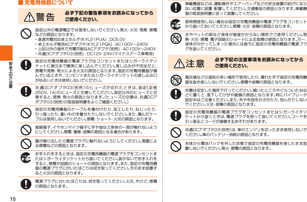 10■ 充電用機器について必ず下記の警告事項をお読みになってからご使用ください。必ず下記の注意事項をお読みになってからご使用ください。