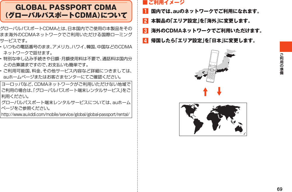 69GLOBALPASSPORTCDMA（グローバルパスポートCDMA）についてグローバルパスポートCDMAとは、日本国内でご使用の本製品をそのまま海外のCDMAネットワークでご利用いただける国際ローミングサービスです。•いつもの電話番号のまま、アメリカ、ハワイ、韓国、中国などのCDMAネットワークで話せます。•特別な申し込み手続きや日額・月額使用料は不要で、通話料は国内分との合算請求ですので、お支払いも簡単です。•ご利用可能国、料金、その他サービス内容など詳細につきましては、auホームページまたはお客さまセンターにてご確認ください。ヨーロッパなど、CDMAネットワークがご利用いただけない地域でご利用の場合は、「グローバルパスポート端末レンタルサービス」をご利用ください。グローバルパスポート端末レンタルサービスについては、auホームページをご参照ください。http://www.au.kddi.com/mobile/service/global/global-passport/rental/■ご利用イメージ1 国内では、auのネットワークでご利用になれます。2 本製品の「エリア設定」を「海外」に変更します。3 海外のCDMAネットワークでご利用いただけます。4 帰国したら「エリア設定」を「日本」に変更します。