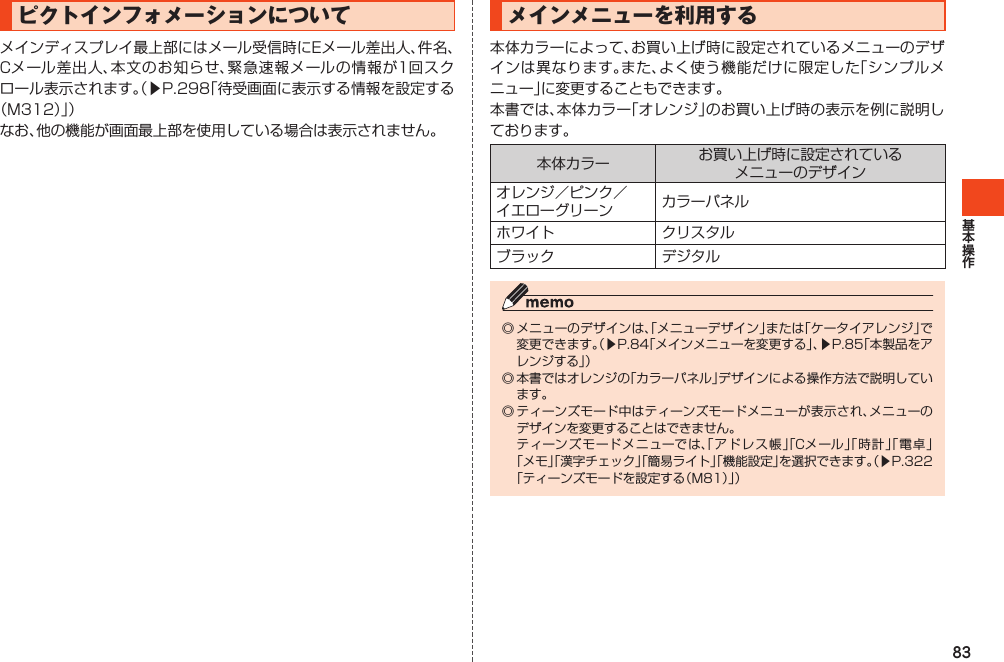 83ピクトインフォメーションについてメインディスプレイ最上部にはメール受信時にEメール差出人、件名、Cメール差出人、本文のお知らせ、緊急速報メールの情報が1回スクロール表示されます。（▶P.298「待受画面に表示する情報を設定する（M312）」）なお、他の機能が画面最上部を使用している場合は表示されません。メインメニューを利用する本体カラーによって、お買い上げ時に設定されているメニューのデザインは異なります。また、よく使う機能だけに限定した「シンプルメニュー」に変更することもできます。本書では、本体カラー「オレンジ」のお買い上げ時の表示を例に説明しております。本体カラー お買い上げ時に設定されているメニューのデザインオレンジ／ピンク／イエローグリーン カラーパネルホワイト クリスタルブラック デジタル◎メニューのデザインは、「メニューデザイン」または「ケータイアレンジ」で変更できます。（▶P.84「メインメニューを変更する」、▶P.85「本製品をアレンジする」）◎本書ではオレンジの「カラーパネル」デザインによる操作方法で説明しています。◎ティーンズモード中はティーンズモードメニューが表示され、メニューのデザインを変更することはできません。 ティーンズモードメニューでは、「アドレス帳」「Cメール」「時計」「電卓」「メモ」「漢字チェック」「簡易ライト」「機能設定」を選択できます。（▶P.322「ティーンズモードを設定する（M81）」）