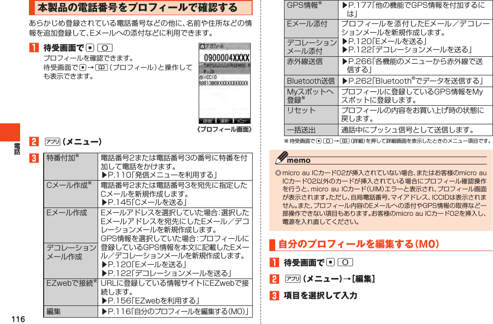 116本製品の電話番号をプロフィールで確認する1 待受画面でc0c&amp;《プロフィール画面》2%（メニュー）3󱚤󱚤 󱚤󱚤󱚤 󱚤󱚤 󱚤󱚤 󱚤󱚤  c0&amp;自分のプロフィールを編集する（M0）1 待受画面でc02%（メニュー）→［編集］3 項目を選択して入力