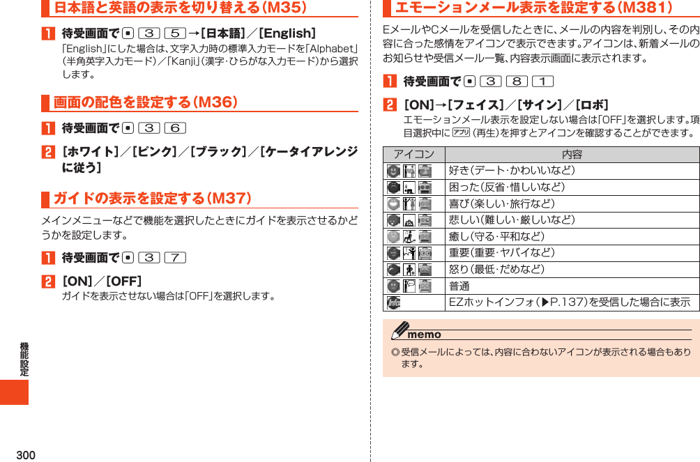 300日本語と英語の表示を切り替える（M35）1 待受画面でc35→［日本語］／［English］画面の配色を設定する（M36）1 待受画面でc362［ホワイト］／［ピンク］／［ブラック］／［ケータイアレンジに従う］ガイドの表示を設定する（M37）1 待受画面でc372［ON］／［OFF］エモーションメール表示を設定する（M381）1 待受画面でc3812［ON］→［フェイス］／［サイン］／［ロボ］%                 󱚤