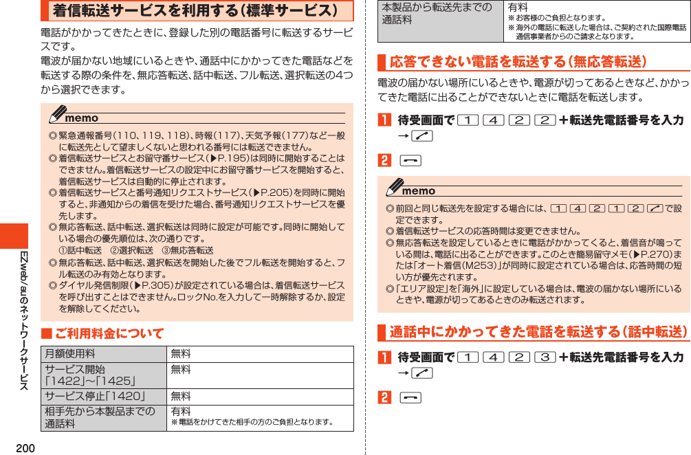 200EZweb/au着信転送サービスを利用する（標準サービス）󱚤󱚤 󰒄󰒅󰒆󱚤■ご利用料金について  応答できない電話を転送する（無応答転送）1 待受画面で1422＋転送先電話番号を入力→N2F14212N󱚤通話中にかかってきた電話を転送する（話中転送）1 待受画面で1423＋転送先電話番号を入力→N2F