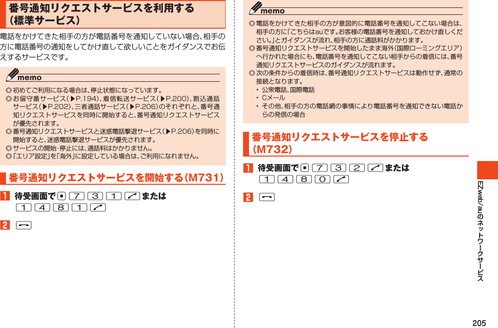 205EZweb/au番号通知リクエストサービスを利用する（標準サービス）󱚤󱚤󱚤󱚤󱚤番号通知リクエストサービスを開始する（M731）1 待受画面でc731Nまたは1481N2F   番号通知リクエストサービスを停止する（M732）1 待受画面でc732Nまたは1480N2F