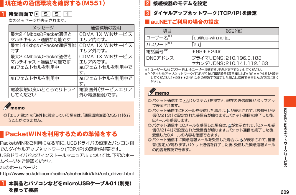 209EZweb/au現在地の通信環境を確認する（M551）1 待受画面でc551        PacketWINを利用するための準備をするhttp://www.au.kddi.com/seihin/shuhenkiki/kiki/usb_driver.html1 本製品とパソコンなどをmicroUSBケーブル01（別売）を使って接続2 接続機器のモデムを設定3 ダイヤルアップネットワーク（TCP/IP）を設定■au.NETご利用の場合の設定     %   