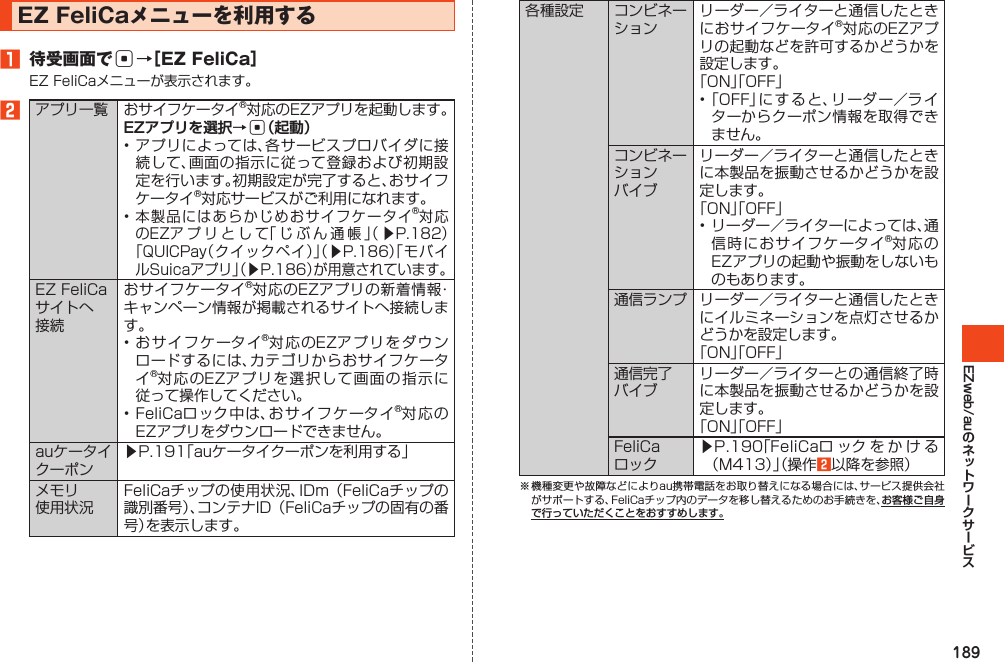 189EZweb/auEZFeliCaメニューを利用する1 待受画面でc→［EZFeliCa］2EZアプリを選択→c（起動）󱚤󱚤󱚤󱚤      󱚤     2お客様ご自身で行っていただくことをおすすめします。