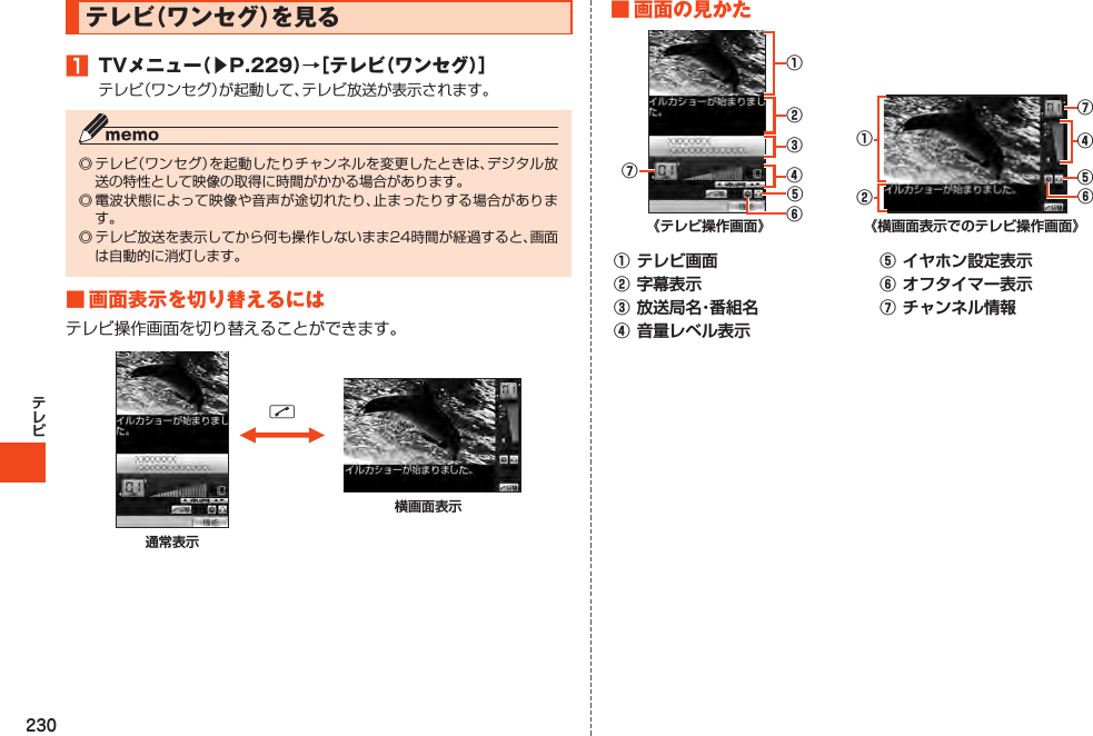 230テレビ（ワンセグ）を見る1 TVメニュー（▶P.229）→［テレビ（ワンセグ）］■画面表示を切り替えるにはN通常表示横画面表示■画面の見かた②③⑥⑦⑤④①《テレビ操作画面》　②①⑦⑤④⑥《横画面表示でのテレビ操作画面》①テレビ画面②字幕表示③放送局名・番組名④音量レベル表示⑤イヤホン設定表示⑥オフタイマー表示⑦チャンネル情報