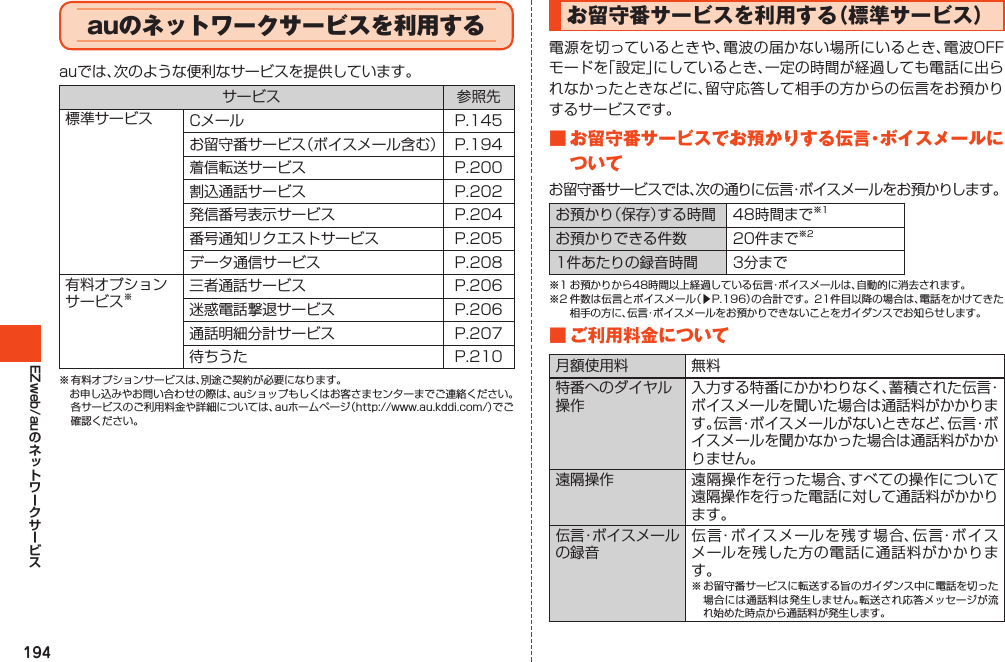 194EZweb/auauのネットワークサービスを利用する             お留守番サービスを利用する（標準サービス）■お留守番サービスでお預かりする伝言・ボイスメールについて   󱚤■ご利用料金について  