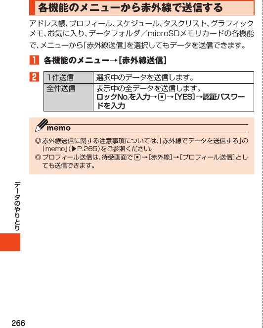 266各機能のメニューから赤外線で送信する1 各機能のメニュー→［赤外線送信］2  ロックNo.を入力→c→［YES］→認証パスワードを入力󱚤c