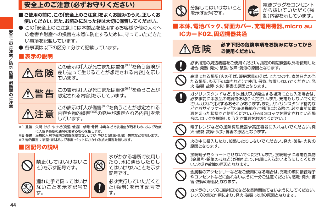 44安全上のご注意（必ずお守りください）■ ご使用の前に、この「安全上のご注意」をよくお読みのうえ、正しくお使いください。また、お読みになった後は大切に保管してください。●この「安全上のご注意」には本製品を使用するお客様や他の人々への危害や財産への損害を未然に防止するために、守っていただきたい事項を記載しています。●各事項は以下の区分に分けて記載しています。■表示の説明この表示は「人が死亡または重傷（※1）を負う危険が差し迫って生じることが想定される内容」を示しています。この表示は「人が死亡または重傷（※1）を負うことが想定される内容」を示しています。この表示は「人が傷害（※2）を負うことが想定される内容や物的損害（※3）の発生が想定される内容」を示しています。※1重傷：失明・けが・やけど（高温・低温）・感電・骨折・中毒などで後遺症が残るもの、および治療に入院や長期の通院を要するものを指します。※2傷害：治療に入院や長期の通院を要さない、けが・やけど（高温・低温）・感電などを指します。※3物的損害：家屋・家財および家畜・ペットにかかわる拡大損害を指します。■図記号の説明禁止（してはいけないこと）を示す記号です。水がかかる場所で使用したり、水に濡らしたりしてはいけないことを示す記号です。濡れた手で扱ってはいけないことを示す記号です。必ず実行していただくこと（強制）を示す記号です。分解してはいけないことを示す記号です。電源プラグをコンセントから抜いていただく（強制）内容を示しています。■本体、電池パック、背面カバー、充電用機器、microauICカード02、周辺機器共通必ず下記の危険事項をお読みになってからご使用ください。必ず指定の周辺機器をご使用ください。指定の周辺機器以外を使用した場合、発熱・発火・破裂・故障・漏液の原因となります。高温になる場所（火のそば、暖房器具のそば、こたつの中、直射日光の当たる場所、炎天下の車内など）で使用、保管、放置しないでください。発火・破裂・故障・火災・傷害の原因となります。ガソリンスタンドなど、引火性ガスが発生する場所に立ち入る場合は、必ず事前に本製品の電源をお切りください。また、充電もしないでください。ガスに引火するおそれがあります。また、ガソリンスタンド構内などでおサイフケータイ®の決済機能をご利用になる際は、必ず事前に電源を切った状態でご使用ください。（FeliCaロックを設定されている場合は、ロックを解除したうえで電源をお切りください。）電子レンジなどの加熱調理機器や高圧容器に入れないでください。発火・破裂・故障・火災・傷害の原因となります。火の中に投入したり、加熱したりしないでください。発火・破裂・火災の原因となります。接続端子をショートさせないでください。また、接続端子に導電性異物（金属片・鉛筆の芯など）が触れたり、内部に入らないようにしてください。火災や故障の原因となります。金属製のアクセサリーなどをご使用になる場合は、充電の際に接続端子やコンセントなどに触れないように十分ご注意ください。感電・発火・傷害・故障の原因となります。カメラのレンズに直射日光などを長時間当てないようにしてください。レンズの集光作用により、発火・破裂・火災の原因となります。