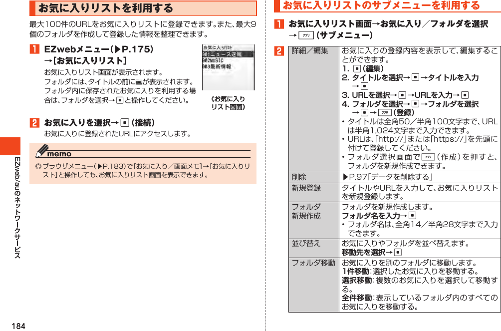 184EZweb/auお気に入りリストを利用する最大100件のURLをお気に入りリストに登録できます。また、最大9個のフォルダを作成して登録した情報を整理できます。1 EZwebメニュー（▶P.175）→［お気に入りリスト］お気に入りリスト画面が表示されます。フォルダには、タイトルの前に が表示されます。フォルダ内に保存されたお気に入りを利用する場合は、フォルダを選択→cと操作してください。 《お気に入り リスト画面》2 お気に入りを選択→c（接続）お気に入りに登録されたURLにアクセスします。◎ブラウザメニュー（▶P.183）で［お気に入り／画面メモ］→［お気に入りリスト］と操作しても、お気に入りリスト画面を表示できます。お気に入りリストのサブメニューを利用する1 お気に入りリスト画面→お気に入り／フォルダを選択→%（サブメニュー）2詳細／編集 お気に入りの登録内容を表示して、編集することができます。1. c（編集）2. タイトルを選択→c→タイトルを入力 →c3. URLを選択→c→URLを入力→c4. フォルダを選択→c→フォルダを選択 →c→%（登録）•タイトルは全角50／半角100文字まで、URLは半角1,024文字まで入力できます。•URLは、「http://」または「https://」を先頭に付けて登録してください。•フォルダ選択画面で%（作成）を押すと、フォルダを新規作成できます。削除 ▶P.97「データを削除する」新規登録 タイトルやURLを入力して、お気に入りリストを新規登録します。フォルダ新規作成フォルダを新規作成します。フォルダ名を入力→c•フォルダ名は、全角14／半角28文字まで入力できます。並び替え お気に入りやフォルダを並べ替えます。移動先を選択→cフォルダ移動 お気に入りを別のフォルダに移動します。1件移動：選択したお気に入りを移動する。選択移動：複数のお気に入りを選択して移動する。全件移動：表示しているフォルダ内のすべてのお気に入りを移動する。