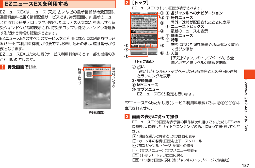 187EZweb/auEZニュースEXを利用するEZニュースEXは、ニュース・天気・占いなどの最新情報が待受画面に通信料無料で届く情報配信サービスです。待受画面には、最新のニュースが流れる待受テロップや、選択したエリアの天気などを表示する待受ウィンドウが常時表示され、待受テロップや待受ウィンドウを選択するだけで情報の閲覧ができます。EZニュースEXのすべてのサービスをご利用になるには別途お申し込み（サービス利用料有料）が必要です。お申し込みの際は、暗証番号が必要となります。EZニュースEXおためし版（サービス利用料無料）では一部の機能のみご利用いただけます。1 待受画面でC《待受画面》2［トップ］EZニュースEXのトップ画面が表示されます。③④⑤⑨⑦⑥⑧⑩①②《トップ画面》①各ジャンルへのナビゲーション②号外ニュース号外／速報が配信されたときに表示③ニューストピックス最新のニュースを表示④動画ニュース⑤特集季節に応じた旬な情報や、読み応えのあるマガジンほか⑥天気「天気」ジャンルのトップページから全国／地方／県レベルの情報を閲覧⑦占い「占い」ジャンルのトップページから各星座ごとの今日の運勢とランキングを表示⑧交通情報⑨MYニュース⑩サブメニューEZニュースEXの設定を行います。EZニュースEXおためし版（サービス利用料無料）では、②④⑤⑧⑨は表示されません。3 画面の表示に従って操作EZニュースEXの画面を表示後の操作は次の通りです。ただしEZweb接続後は、接続したサイトやコンテンツの指示に従って操作してください。c：項目を選んで押すと、次の画面を表示j：カーソルの移動、画面を上下にスクロールs：前次ジャンル・ページ・記事への遷移%（サブメニュー）：サブメニューを表示&amp;（トップ）：トップ画面に戻るC：1つ前の画面に戻る（各ジャンルのトップページでは無効）