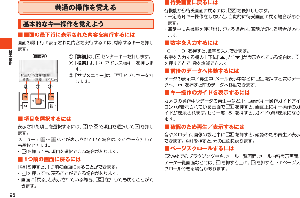 96共通の操作を覚える基本的なキー操作を覚えよう■画面の最下行に表示された内容を実行するには画面の最下行に表示された内容を実行するには、対応するキーを押します。① ③②①は、cセンターキーを押します。②は、&amp;アドレス帳キーを押します。③は、%アプリキーを押します。■項目を選択するには表示された項目を選択するには、jやaで項目を選択してcを押します。メニューに ～  などが表示されている場合は、そのキーを押しても選択できます。•rを押しても、項目を選択できる場合があります。■1つ前の画面に戻るにはCを押すと、1つ前の画面に戻ることができます。•lを押しても、戻ることができる場合があります。•画面に「戻る」と表示されている場合、&amp;を押しても戻ることができます。■待受画面に戻るには各機能から待受画面に戻るには、Fを長押しします。•一定時間キー操作をしないと、自動的に待受画面に戻る場合があります。•通話中に各機能を呼び出している場合は、通話が切れる場合があります。■数字を入力するには0～9を押すと、数字を入力できます。数字を入力する欄の上下に「 」と「 」が表示されている場合は、jを押すことで、数を増減できます。■前後のデータへ移動するにはデータの表示中／再生中、メール表示中などにRを押すと次のデータへ、Lを押すと前のデータへ移動できます。■キー操作のガイドを表示するにはカメラの操作中やデータの再生中など、 （キー操作ガイドアイコン）が表示されている画面で5を押すと、画面上にキー操作のガイドが表示されます。もう一度5を押すと、ガイドが非表示になります。■確認のため再生／表示するには音やメロディ、画像の設定中に&amp;を押すと、確認のため再生／表示できます。Cを押すと、元の画面に戻ります。■ページスクロールするにはEZwebでのブラウジング中や、メール一覧画面、メール内容表示画面、データ一覧画面などでは、lを押すと上に、rを押すと下にページスクロールできる場合があります。