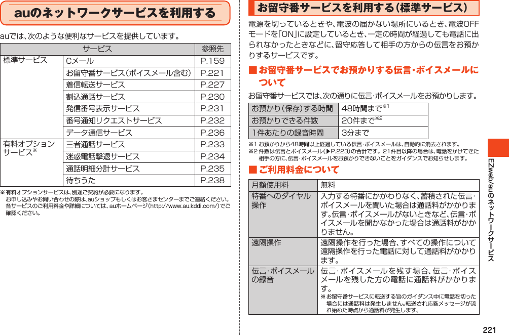 221EZweb/auauのネットワークサービスを利用するauでは、次のような便利なサービスを提供しています。サービス 参照先標準サービス Cメール P.159お留守番サービス（ボイスメール含む） P.221着信転送サービス P.227割込通話サービス P.230発信番号表示サービス P.231番号通知リクエストサービス P.232データ通信サービス P.236有料オプションサービス※三者通話サービス P.233迷惑電話撃退サービス P.234通話明細分計サービス P.235待ちうた P.238※有料オプションサービスは、別途ご契約が必要になります。 お申し込みやお問い合わせの際は、auショップもしくはお客さまセンターまでご連絡ください。 各サービスのご利用料金や詳細については、auホームページ（http://www.au.kddi.com/）でご確認ください。お留守番サービスを利用する（標準サービス）電源を切っているときや、電波の届かない場所にいるとき、電波OFFモードを「ON」に設定しているとき、一定の時間が経過しても電話に出られなかったときなどに、留守応答して相手の方からの伝言をお預かりするサービスです。■お留守番サービスでお預かりする伝言・ボイスメールについてお留守番サービスでは、次の通りに伝言・ボイスメールをお預かりします。お預かり（保存）する時間 48時間まで※1お預かりできる件数 20件まで※21件あたりの録音時間 3分まで※1お預かりから48時間以上経過している伝言・ボイスメールは、自動的に消去されます。※2件数は伝言とボイスメール（▶P.223）の合計です。21件目以降の場合は、電話をかけてきた相手の方に、伝言・ボイスメールをお預かりできないことをガイダンスでお知らせします。■ご利用料金について月額使用料 無料特番へのダイヤル操作入力する特番にかかわりなく、蓄積された伝言・ボイスメールを聞いた場合は通話料がかかります。伝言・ボイスメールがないときなど、伝言・ボイスメールを聞かなかった場合は通話料がかかりません。遠隔操作 遠隔操作を行った場合、すべての操作について遠隔操作を行った電話に対して通話料がかかります。伝言・ボイスメールの録音伝言・ボイスメールを残す場合、伝言・ボイスメールを残した方の電話に通話料がかかります。※お留守番サービスに転送する旨のガイダンス中に電話を切った場合には通話料は発生しません。転送され応答メッセージが流れ始めた時点から通話料が発生します。