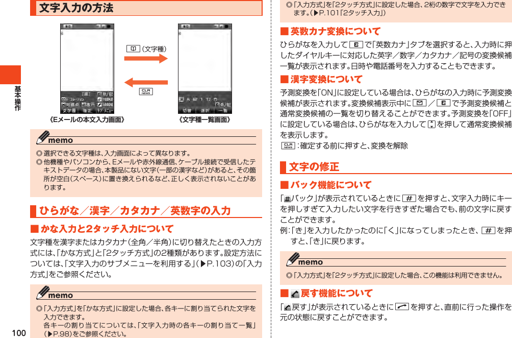 100文字入力の方法&amp;（文字種）C ◎選択できる文字種は、入力画面によって異なります。◎他機種やパソコンから、Eメールや赤外線通信、ケーブル接続で受信したテキストデータの場合、本製品にない文字（一部の漢字など）があると、その箇所が空白（スペース）に置き換えられるなど、正しく表示されないことがあります。ひらがな／漢字／カタカナ／英数字の入力■かな入力と2タッチ入力について文字種を漢字またはカタカナ（全角／半角）に切り替えたときの入力方式には、「かな方式」と「2タッチ方式」の2種類があります。設定方法については、「文字入力のサブメニューを利用する」（▶P.103）の「入力方式」をご参照ください。◎「入力方式」を「かな方式」に設定した場合、各キーに割り当てられた文字を入力できます。 各キーの割り当てについては、「文字入力時の各キーの割り当て一覧」（▶P.98）をご参照ください。◎「入力方式」を「2タッチ方式」に設定した場合、2桁の数字で文字を入力できます。（▶P.101「2タッチ入力」）■英数カナ変換についてひらがなを入力してRで「英数カナ」タブを選択すると、入力時に押したダイヤルキーに対応した英字／数字／カタカナ／記号の変換候補一覧が表示されます。日時や電話番号を入力することもできます。■漢字変換について予測変換を「ON」に設定している場合は、ひらがなの入力時に予測変換候補が表示されます。変換候補表示中にL／Rで予測変換候補と通常変換候補の一覧を切り替えることができます。予測変換を「OFF」に設定している場合は、ひらがなを入力してjを押して通常変換候補を表示します。C：確定する前に押すと、変換を解除文字の修正■バック機能について「バック」が表示されているときに#を押すと、文字入力時にキーを押しすぎて入力したい文字を行きすぎた場合でも、前の文字に戻すことができます。例：「き」を入力したかったのに「く」になってしまったとき、#を押すと、「き」に戻ります。◎「入力方式」を「2タッチ方式」に設定した場合、この機能は利用できません。■ 戻す機能について「戻す」が表示されているときにNを押すと、直前に行った操作を元の状態に戻すことができます。