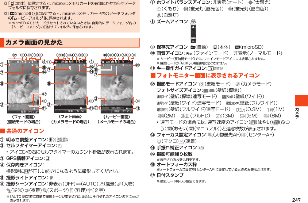 247◎ 「 （本体）」に設定すると、microSDメモリカードの有無にかかわらずデータフォルダに保存されます。◎ 「 （microSD）」に設定すると、microSDメモリカード内のデータフォルダの「ムービーフォルダ」に保存されます。※microSDメモリカードがセットされていないときは、自動的にデータフォルダ内の「ムービーフォルダ」の日付サブフォルダに保存されます。カメラ画面の見かた⑫⑨⑪⑮⑭⑰⑧④③ ⑥⑬⑤①②⑦⑯《フォト画面》 （壁紙モードの場合）⑨⑮⑭⑫⑩③⑯②①⑦⑧⑪④ ⑥⑬⑤《フォト画面》 （カメラモードの場合）①②⑱󰚜⑳⑦⑲⑧③⑩ ④ ⑥ ⑨⑤⑪《ムービー画面》 （メールモードの場合）■共通のアイコン①明るさ調整アイコン：②セルフタイマーアイコン：• アイコンの右にセルフタイマーのカウント秒数が表示されます。③GPS情報アイコン：④保存向きアイコン： 撮影時に が正しい向きになるように撮影してください。⑤撮影ライトアイコン：⑥撮影シーンアイコン：非表示（OFF）（AUTO）（風景）（人物）（逆光）（夜景）（スポーツ）（料理）（文字）※「AUTO」設定時に自動で撮影シーンが変更された場合は、それぞれのアイコンの下に が表示されます。⑦ホワイトバランスアイコン：非表示（オート） （太陽光）（くもり） （蛍光灯（昼光色）） （蛍光灯（昼白色））（白熱灯）⑧ズームアイコン：⑨保存先アイコン： （自動）　 （本体）　 （microSD）⑩画質アイコン：（ファインモード）　非表示（ノーマルモード）※ムービー（長時間モード）では、ファインモードアイコンは表示されません。※録画モードが「QCIF」の場合は設定できません。⑪キー操作ガイドアイコン：■フォトモニター画面に表示されるアイコン⑫撮影モードアイコン： （壁紙モード） （カメラモード）フォトサイズアイコン：（壁紙（標準））（壁紙（標準）連写モード） （壁紙（ワイド））（壁紙（ワイド）連写モード） （壁紙（フルワイド））（壁紙（フルワイド）連写モード） （0.3M） （1M）（2M） （フルHD） （3M） （5M） （8M）•連写モードの場合には、連写速度のアイコン（ （はやい）（ふつう）（おそい）（マニュアル））と連写枚数が表示されます。⑬フォーカス設定アイコン：（人物優先AF）（センターAF） （マクロ）（遠景）⑭手振れ補正アイコン：⑮撮影可能残り枚数※表示される枚数は目安です。⑯オートフォーカス枠※オートフォーカス設定を「センターAF」に設定しているときのみ表示されます。⑰日付スタンプ※壁紙モード時のみ設定できます。