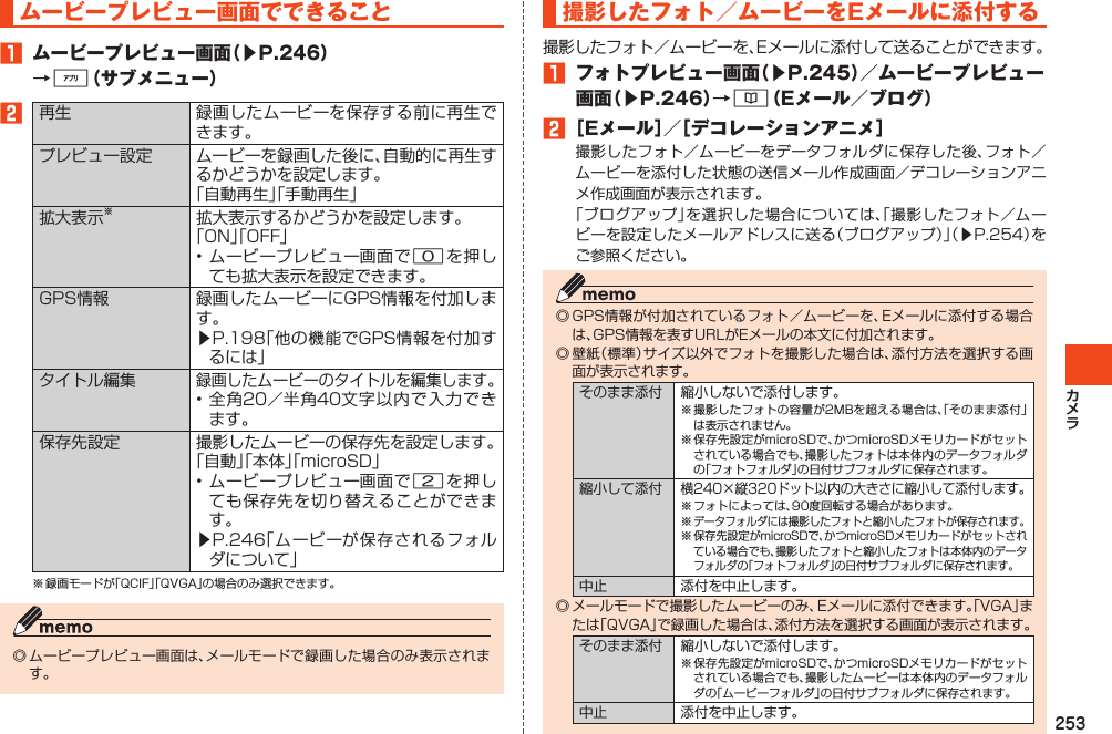 253ムービープレビュー画面でできること1ムービープレビュー画面（▶P.246）→%（サブメニュー）2再生 録画したムービーを保存する前に再生できます。プレビュー設定 ムービーを録画した後に、自動的に再生するかどうかを設定します。「自動再生」「手動再生」拡大表示※拡大表示するかどうかを設定します。「ON」「OFF」•ムービープレビュー画面で0を押しても拡大表示を設定できます。GPS情報 録画したムービーにGPS情報を付加します。▶P.198「他の機能でGPS情報を付加するには」タイトル編集録画したムービーのタイトルを編集します。•全角20／半角40文字以内で入力できます。保存先設定 撮影したムービーの保存先を設定します。「自動」「本体」「microSD」•ムービープレビュー画面で2を押しても保存先を切り替えることができます。▶P.246「ムービーが保存されるフォルダについて」※録画モードが「QCIF」「QVGA」の場合のみ選択できます。◎ムービープレビュー画面は、メールモードで録画した場合のみ表示されます。撮影したフォト／ムービーをEメールに添付する撮影したフォト／ムービーを、Eメールに添付して送ることができます。1 フォトプレビュー画面（▶P.245）／ムービープレビュー画面（▶P.246）→&amp;（Eメール／ブログ）2［Eメール］／［デコレーションアニメ］撮影したフォト／ムービーをデータフォルダに保存した後、フォト／ムービーを添付した状態の送信メール作成画面／デコレーションアニメ作成画面が表示されます。「ブログアップ」を選択した場合については、「撮影したフォト／ムービーを設定したメールアドレスに送る（ブログアップ）」（▶P.254）をご参照ください。◎GPS情報が付加されているフォト／ムービーを、Eメールに添付する場合は、GPS情報を表すURLがEメールの本文に付加されます。◎壁紙（標準）サイズ以外でフォトを撮影した場合は、添付方法を選択する画面が表示されます。そのまま添付 縮小しないで添付します。※撮影したフォトの容量が2MBを超える場合は、「そのまま添付」は表示されません。※保存先設定がmicroSDで、かつmicroSDメモリカードがセットされている場合でも、撮影したフォトは本体内のデータフォルダの「フォトフォルダ」の日付サブフォルダに保存されます。縮小して添付横240×縦320ドット以内の大きさに縮小して添付します。※フォトによっては、90度回転する場合があります。※データフォルダには撮影したフォトと縮小したフォトが保存されます。※保存先設定がmicroSDで、かつmicroSDメモリカードがセットされている場合でも、撮影したフォトと縮小したフォトは本体内のデータフォルダの「フォトフォルダ」の日付サブフォルダに保存されます。中止 添付を中止します。◎メールモードで撮影したムービーのみ、Eメールに添付できます。「VGA」または「QVGA」で録画した場合は、添付方法を選択する画面が表示されます。そのまま添付 縮小しないで添付します。※保存先設定がmicroSDで、かつmicroSDメモリカードがセットされている場合でも、撮影したムービーは本体内のデータフォルダの「ムービーフォルダ」の日付サブフォルダに保存されます。中止 添付を中止します。