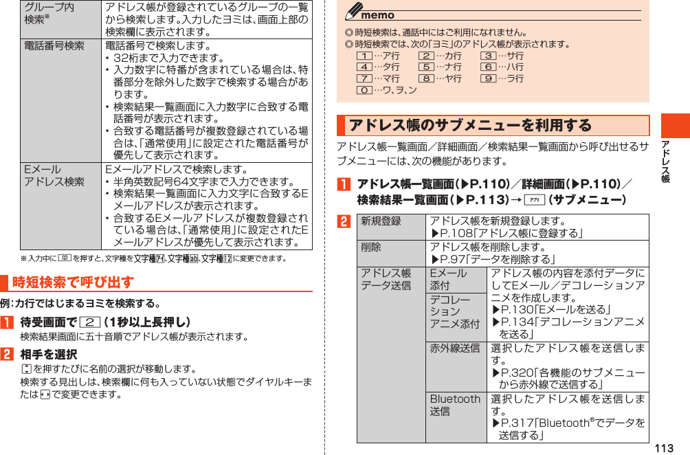 113グループ内検索※アドレス帳が登録されているグループの一覧から検索します。入力したヨミは、画面上部の検索欄に表示されます。電話番号検索 電話番号で検索します。•32桁まで入力できます。•入力数字に特番が含まれている場合は、特番部分を除外した数字で検索する場合があります。•検索結果一覧画面に入力数字に合致する電話番号が表示されます。•合致する電話番号が複数登録されている場合は、「通常使用」に設定された電話番号が優先して表示されます。Eメールアドレス検索Eメールアドレスで検索します。•半角英数記号64文字まで入力できます。•検索結果一覧画面に入力文字に合致するEメールアドレスが表示されます。•合致するEメールアドレスが複数登録されている場合は、「通常使用」に設定されたEメールアドレスが優先して表示されます。※入力中に&amp;を押すと、文字種を 、 、 に変更できます。時短検索で呼び出す1 待受画面で2（1秒以上長押し）検索結果画面に五十音順でアドレス帳が表示されます。2 相手を選択jを押すたびに名前の選択が移動します。検索する見出しは、検索欄に何も入っていない状態でダイヤルキーまたはsで変更できます。◎時短検索は、通話中にはご利用になれません。◎時短検索では、次の「ヨミ」のアドレス帳が表示されます。1…ア行　　2…カ行　　3…サ行4…タ行　　5…ナ行　　6…ハ行7…マ行　　8…ヤ行　　9…ラ行0…ワ、ヲ、ンアドレス帳のサブメニューを利用するアドレス帳一覧画面／詳細画面／検索結果一覧画面から呼び出せるサブメニューには、次の機能があります。1アドレス帳一覧画面（▶P.110）／詳細画面（▶P.110）／検索結果一覧画面（▶P.113）→%（サブメニュー）2新規登録 アドレス帳を新規登録します。▶P.108「アドレス帳に登録する」削除 アドレス帳を削除します。▶P.97「データを削除する」アドレス帳データ送信Eメール添付アドレス帳の内容を添付データにしてEメール／デコレーションアニメを作成します。▶P.130「Eメールを送る」▶P.134「デコレーションアニメを送る」デコレーションアニメ添付赤外線送信 選択したアドレス帳を送信します。▶P.320「各機能のサブメニューから赤外線で送信する」Bluetooth送信選択したアドレス帳を送信します。▶P.317「Bluetooth®でデータを送信する」