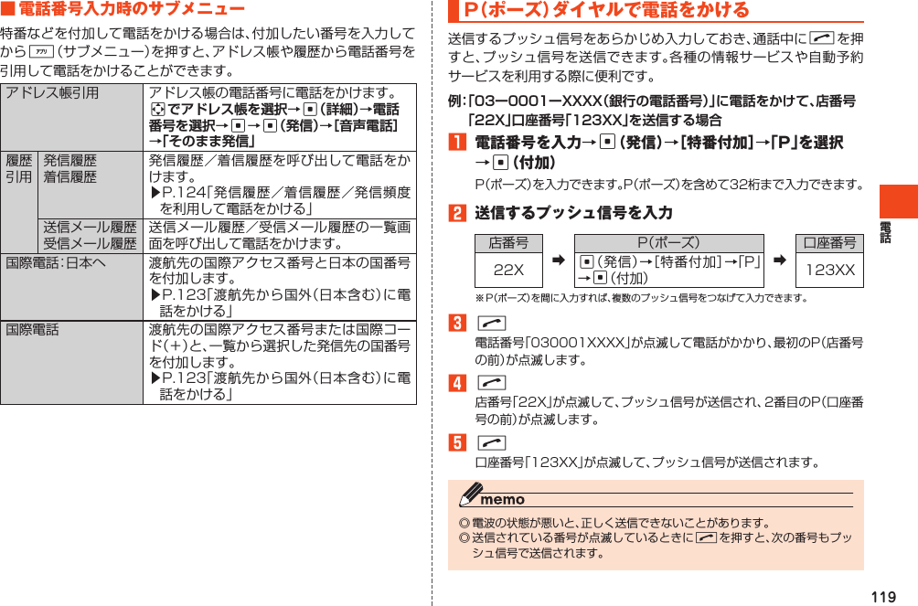 119■電話番号入力時のサブメニュー特番などを付加して電話をかける場合は、付加したい番号を入力してから%（サブメニュー）を押すと、アドレス帳や履歴から電話番号を引用して電話をかけることができます。アドレス帳引用 アドレス帳の電話番号に電話をかけます。accc履歴引用発信履歴着信履歴発信履歴／着信履歴を呼び出して電話をかけます。▶P.124「発信履歴／着信履歴／発信頻度を利用して電話をかける」送信メール履歴受信メール履歴送信メール履歴／受信メール履歴の一覧画面を呼び出して電話をかけます。国際電話：日本へ 渡航先の国際アクセス番号と日本の国番号を付加します。▶P.123「渡航先から国外（日本含む）に電話をかける」国際電話 渡航先の国際アクセス番号または国際コード（＋）と、一覧から選択した発信先の国番号を付加します。▶P.123「渡航先から国外（日本含む）に電話をかける」P（ポーズ）ダイヤルで電話をかける送信するプッシュ信号をあらかじめ入力しておき、通話中にNを押すと、プッシュ信号を送信できます。各種の情報サービスや自動予約サービスを利用する際に便利です。1 電話番号を入力→c（発信）→［特番付加］→「P」を選択→c（付加）P（ポーズ）を入力できます。P（ポーズ）を含めて32桁まで入力できます。2 送信するプッシュ信号を入力店番号➡P（ポーズ）➡口座番号22X c（発信）→［特番付加］→「P」→c（付加） 123XX※P（ポーズ）を間に入力すれば、複数のプッシュ信号をつなげて入力できます。3N電話番号「030001XXXX」が点滅して電話がかかり、最初のP（店番号の前）が点滅します。4N店番号「22X」が点滅して、プッシュ信号が送信され、2番目のP（口座番号の前）が点滅します。5N口座番号「123XX」が点滅して、プッシュ信号が送信されます。◎電波の状態が悪いと、正しく送信できないことがあります。◎送信されている番号が点滅しているときにNを押すと、次の番号もプッシュ信号で送信されます。