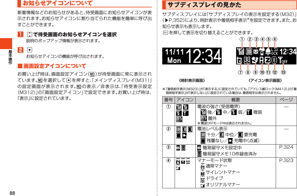 88お知らせアイコンについて新着情報などのお知らせがあると、待受画面にお知らせアイコンが表示されます。お知らせアイコンに割り当てられた機能を簡単に呼び出すことができます。1jで待受画面のお知らせアイコンを選択説明のポップアップ情報が表示されます。2cお知らせアイコンの機能が呼び出されます。■画面設定アイコンについてお買い上げ時は、画面設定アイコン（ ）が待受画面に常に表示されています。 を選択してcを押すと、「メインディスプレイ（M31）」の設定画面が表示されます。 の表示／非表示は、「待受表示設定（M312）」の「画面設定アイコン」で設定できます。お買い上げ時は、「表示」に設定されています。サブディスプレイの見かたサブディスプレイには「サブディスプレイの表示を設定する（M32）」（▶P.352）により、時計表示や着信相手表示※を設定できます。また、お知らせ表示も表示します。+を押して表示を切り替えることができます。① ② ③ ④ ⑤ ⑥⑦ ⑧ ⑨ ⑩ ⑪ ⑫ ⑬  ※「着信相手表示（M323）」が「表示する」に設定されていても、「アドレス帳ロック（M413）」の「着信時相手表示」が「表示しない」に設定されている場合は、着信相手は表示されません。番号 アイコン 概要 ページ①電波の強さ（受信電界）強／ 中／ 弱／ 微弱圏外※電波OFFモード中は表示されません。—② 電池レベル表示十分／ 中位／ 要充電残量なし／ 充電中（点滅）—③ 簡易留守メモ設定中簡易留守メモ10件録音済みP.324④  マナーモード状態通常マナーサイレントマナードライブオリジナルマナーP.323