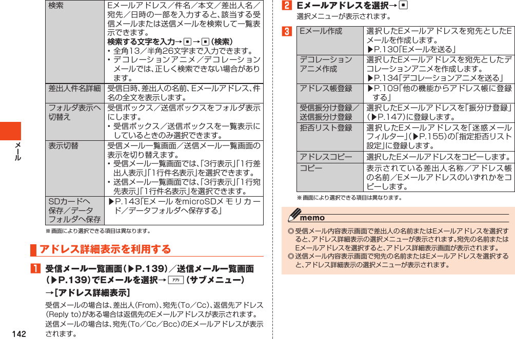 142検索 Eメールアドレス／件名／本文／差出人名／宛先／日時の一部を入力すると、該当する受信メールまたは送信メールを検索して一覧表示できます。cc•全角13／半角26文字まで入力できます。•デコレーションアニメ／デコレーションメールでは、正しく検索できない場合があります。差出人件名詳細 受信日時、差出人の名前、Eメールアドレス、件名の全文を表示します。フォルダ表示へ切替え受信ボックス／送信ボックスをフォルダ表示にします。•受信ボックス／送信ボックスを一覧表示にしているときのみ選択できます。表示切替 受信メール一覧画面／送信メール一覧画面の表示を切り替えます。•受信メール一覧画面では、「3行表示」「1行差出人表示」「1行件名表示」を選択できます。•送信メール一覧画面では、「3行表示」「1行宛先表示」「1行件名表示」を選択できます。SDカードへ保存／データフォルダへ保存▶P.143「Eメ ール をmicroSDメ モ リ カ ード／データフォルダへ保存する」※画面により選択できる項目は異なります。アドレス詳細表示を利用する1 受信メール一覧画面（▶P.139）／送信メール一覧画面（▶P.139）でEメールを選択→%（サブメニュー）→［アドレス詳細表示］受信メールの場合は、差出人（From）、宛先（To／Cc）、返信先アドレス（Replyto）がある場合は返信先のEメールアドレスが表示されます。送信メールの場合は、宛先（To／Cc／Bcc）のEメールアドレスが表示されます。2 Eメールアドレスを選択→c選択メニューが表示されます。3Eメール作成 選択したEメールアドレスを宛先としたEメールを作成します。▶P.130「Eメールを送る」デコレーションアニメ作成選択したEメールアドレスを宛先としたデコレーションアニメを作成します。▶P.134「デコレーションアニメを送る」アドレス帳登録 ▶P.109「他の機能からアドレス帳に登録する」受信振分け登録／送信振分け登録選択したEメールアドレスを「振分け登録」（▶P.147）に登録します。拒否リスト登録 選択したEメールアドレスを「迷惑メールフィルター」（▶P.155）の「指定拒否リスト設定」に登録します。アドレスコピー 選択したEメールアドレスをコピーします。コピー 表示されている差出人名称／アドレス帳の名前／Eメールアドレスのいずれかをコピーします。※画面により選択できる項目は異なります。◎受信メール内容表示画面で差出人の名前またはEメールアドレスを選択すると、アドレス詳細表示の選択メニューが表示されます。宛先の名前またはEメールアドレスを選択すると、アドレス詳細表示画面が表示されます。◎送信メール内容表示画面で宛先の名前またはEメールアドレスを選択すると、アドレス詳細表示の選択メニューが表示されます。