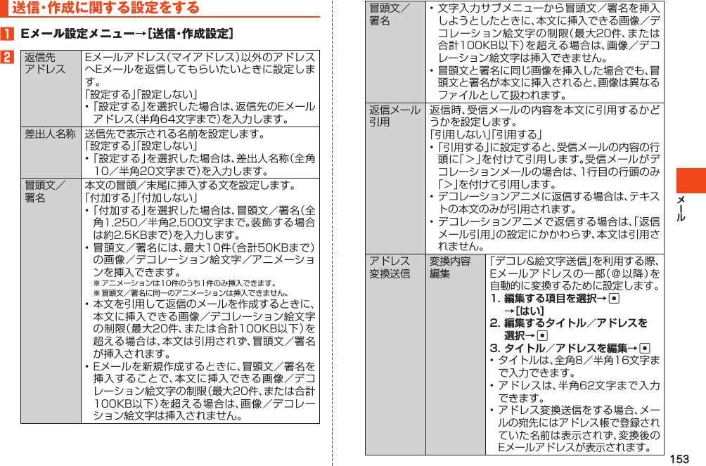 153送信・作成に関する設定をする1 Eメール設定メニュー→［送信・作成設定］2返信先アドレスEメールアドレス（マイアドレス）以外のアドレスへEメールを返信してもらいたいときに設定します。「設定する」「設定しない」•「設定する」を選択した場合は、返信先のEメールアドレス（半角64文字まで）を入力します。差出人名称 送信先で表示される名前を設定します。「設定する」「設定しない」•「設定する」を選択した場合は、差出人名称（全角10／半角20文字まで）を入力します。冒頭文／署名本文の冒頭／末尾に挿入する文を設定します。「付加する」「付加しない」•「付加する」を選択した場合は、冒頭文／署名（全角1,250／半角2,500文字まで。装飾する場合は約2.5KBまで）を入力します。•冒頭文／署名には、最大10件（合計50KBまで）の画像／デコレーション絵文字／アニメーションを挿入できます。※アニメーションは10件のうち1件のみ挿入できます。※冒頭文／署名に同一のアニメーションは挿入できません。•本文を引用して返信のメールを作成するときに、本文に挿入できる画像／デコレーション絵文字の制限（最大20件、または合計100KB以下）を超える場合は、本文は引用されず、冒頭文／署名が挿入されます。•Eメールを新規作成するときに、冒頭文／署名を挿入することで、本文に挿入できる画像／デコレーション絵文字の制限（最大20件、または合計100KB以下）を超える場合は、画像／デコレーション絵文字は挿入されません。冒頭文／署名•文字入力サブメニューから冒頭文／署名を挿入しようとしたときに、本文に挿入できる画像／デコレーション絵文字の制限（最大20件、または合計100KB以下）を超える場合は、画像／デコレーション絵文字は挿入できません。•冒頭文と署名に同じ画像を挿入した場合でも、冒頭文と署名が本文に挿入されると、画像は異なるファイルとして扱われます。返信メール引用返信時、受信メールの内容を本文に引用するかどうかを設定します。「引用しない」「引用する」•「引用する」に設定すると、受信メールの内容の行頭に「＞」を付けて引用します。受信メールがデコレーションメールの場合は、1行目の行頭のみ「＞」を付けて引用します。•デコレーションアニメに返信する場合は、テキストの本文のみが引用されます。•デコレーションアニメで返信する場合は、「返信メール引用」の設定にかかわらず、本文は引用されません。アドレス変換送信変換内容編集「デコレ&amp;絵文字送信」を利用する際、Eメールアドレスの一部（＠以降）を自動的に変換するために設定します。c cc•タイトルは、全角8／半角16文字まで入力できます。•アドレスは、半角62文字まで入力できます。•アドレス変換送信をする場合、メールの宛先にはアドレス帳で登録されていた名前は表示されず、変換後のEメールアドレスが表示されます。