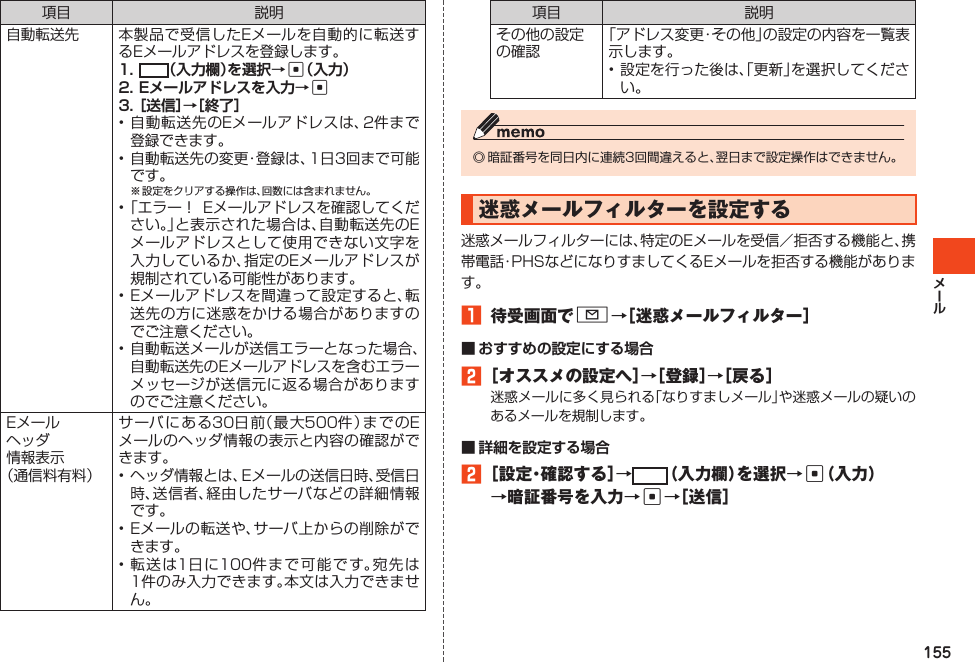 155項目 説明自動転送先 本製品で受信したEメールを自動的に転送するEメールアドレスを登録します。 cc•自動転送先のEメールアドレスは、2件まで登録できます。•自動転送先の変更・登録は、1日3回まで可能です。※設定をクリアする操作は、回数には含まれません。•「エラー！Eメールアドレスを確認してください。」と表示された場合は、自動転送先のEメールアドレスとして使用できない文字を入力しているか、指定のEメールアドレスが規制されている可能性があります。•Eメールアドレスを間違って設定すると、転送先の方に迷惑をかける場合がありますのでご注意ください。•自動転送メールが送信エラーとなった場合、自動転送先のEメールアドレスを含むエラーメッセージが送信元に返る場合がありますのでご注意ください。Eメールヘッダ情報表示（通信料有料）サーバにある30日前（最大500件）までのEメールのヘッダ情報の表示と内容の確認ができます。•ヘッダ情報とは、Eメールの送信日時、受信日時、送信者、経由したサーバなどの詳細情報です。•Eメールの転送や、サーバ上からの削除ができます。•転送は1日に100件まで可能です。宛先は1件のみ入力できます。本文は入力できません。項目 説明その他の設定の確認「アドレス変更・その他」の設定の内容を一覧表示します。•設定を行った後は、「更新」を選択してください。◎暗証番号を同日内に連続3回間違えると、翌日まで設定操作はできません。迷惑メールフィルターを設定する迷惑メールフィルターには、特定のEメールを受信／拒否する機能と、携帯電話･PHSなどになりすましてくるEメールを拒否する機能があります。1 待受画面でL→［迷惑メールフィルター］2［オススメの設定へ］→［登録］→［戻る］迷惑メールに多く見られる「なりすましメール」や迷惑メールの疑いのあるメールを規制します。2［設定・確認する］→ （入力欄）を選択→c（入力）→暗証番号を入力→c→［送信］