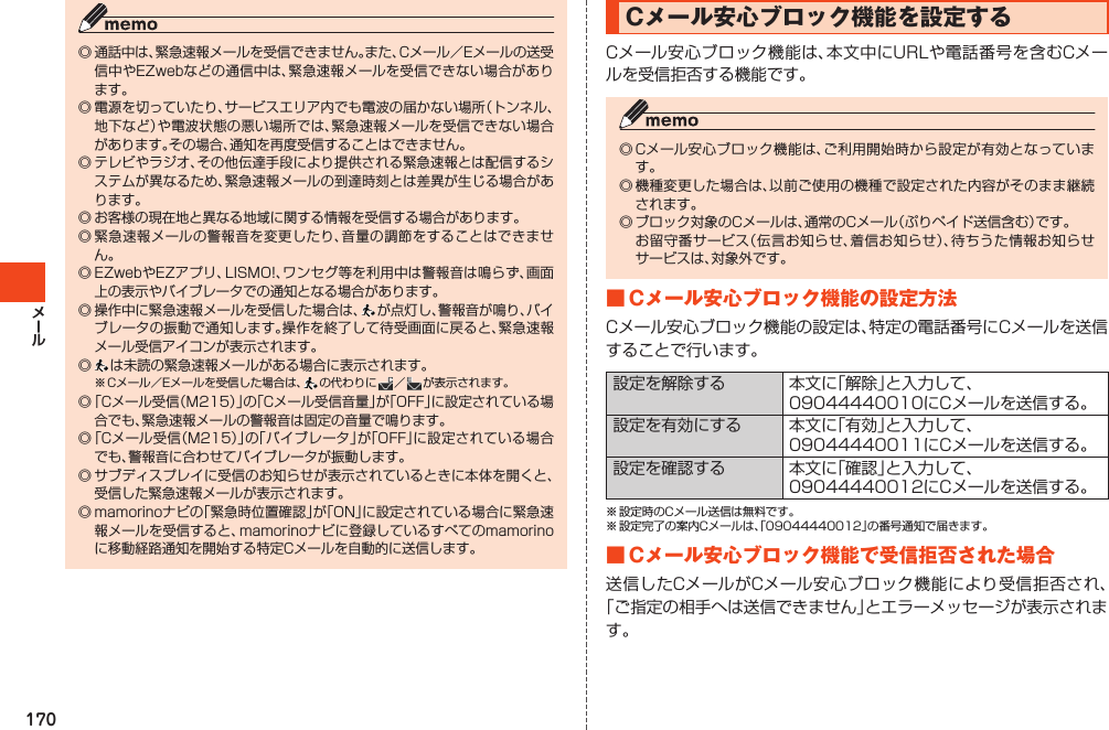 170◎通話中は、緊急速報メールを受信できません。また、Cメール／Eメールの送受信中やEZwebなどの通信中は、緊急速報メールを受信できない場合があります。◎電源を切っていたり、サービスエリア内でも電波の届かない場所（トンネル、地下など）や電波状態の悪い場所では、緊急速報メールを受信できない場合があります。その場合、通知を再度受信することはできません。◎テレビやラジオ、その他伝達手段により提供される緊急速報とは配信するシステムが異なるため、緊急速報メールの到達時刻とは差異が生じる場合があります。◎お客様の現在地と異なる地域に関する情報を受信する場合があります。◎緊急速報メールの警報音を変更したり、音量の調節をすることはできません。◎EZwebやEZアプリ、LISMO!、ワンセグ等を利用中は警報音は鳴らず、画面上の表示やバイブレータでの通知となる場合があります。◎操作中に緊急速報メールを受信した場合は、 が点灯し、警報音が鳴り、バイブレータの振動で通知します。操作を終了して待受画面に戻ると、緊急速報メール受信アイコンが表示されます。◎は未読の緊急速報メールがある場合に表示されます。※Cメール／Eメールを受信した場合は、 の代わりに ／  が表示されます。◎「Cメール受信（M215）」の「Cメール受信音量」が「OFF」に設定されている場合でも、緊急速報メールの警報音は固定の音量で鳴ります。◎「Cメール受信（M215）」の「バイブレータ」が「OFF」に設定されている場合でも、警報音に合わせてバイブレータが振動します。◎サブディスプレイに受信のお知らせが表示されているときに本体を開くと、受信した緊急速報メールが表示されます。◎mamorinoナビの「緊急時位置確認」が「ON」に設定されている場合に緊急速報メールを受信すると、mamorinoナビに登録しているすべてのmamorinoに移動経路通知を開始する特定Cメールを自動的に送信します。Cメール安心ブロック機能を設定するCメール安心ブロック機能は、本文中にURLや電話番号を含むCメールを受信拒否する機能です。◎Cメール安心ブロック機能は、ご利用開始時から設定が有効となっています。◎機種変更した場合は、以前ご使用の機種で設定された内容がそのまま継続されます。◎ブロック対象のCメールは、通常のCメール（ぷりペイド送信含む）です。 お留守番サービス（伝言お知らせ、着信お知らせ）、待ちうた情報お知らせサービスは、対象外です。■Cメール安心ブロック機能の設定方法Cメール安心ブロック機能の設定は、特定の電話番号にCメールを送信することで行います。設定を解除する 本文に「解除」と入力して、09044440010にCメールを送信する。設定を有効にする 本文に「有効」と入力して、09044440011にCメールを送信する。設定を確認する 本文に「確認」と入力して、09044440012にCメールを送信する。※設定時のCメール送信は無料です。※設定完了の案内Cメールは、「09044440012」の番号通知で届きます。■Cメール安心ブロック機能で受信拒否された場合送信したCメールがCメール安心ブロック機能により受信拒否され、「ご指定の相手へは送信できません」とエラーメッセージが表示されます。