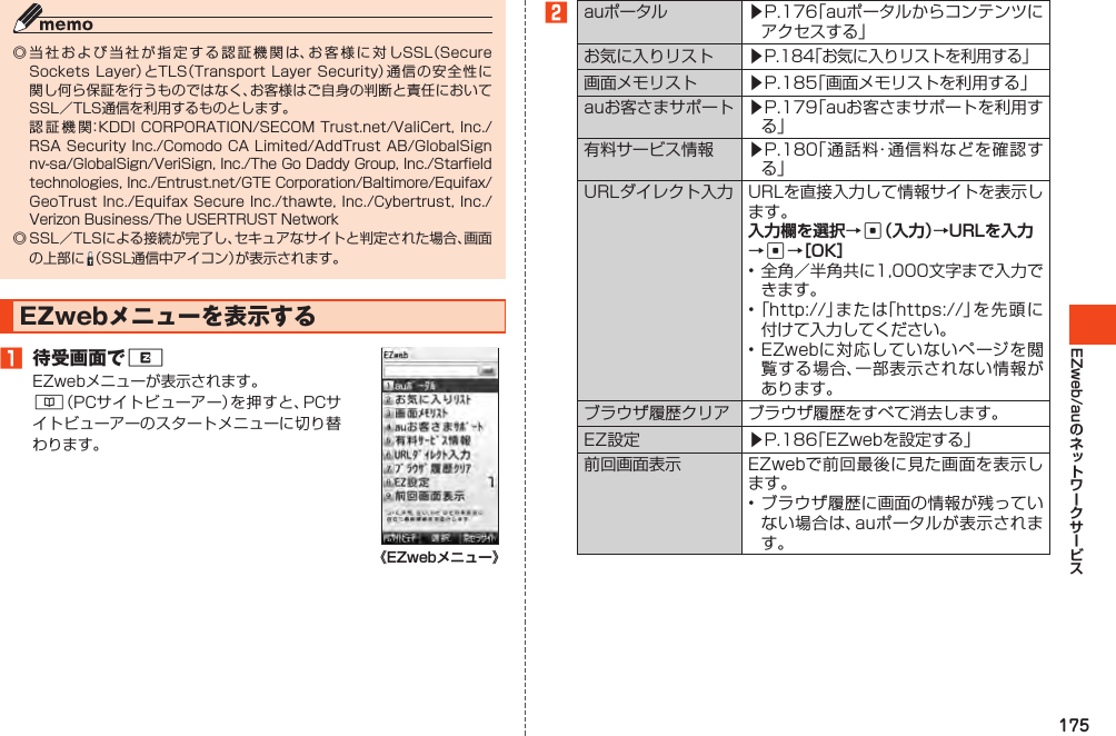 175EZweb/au◎当社および当社が指定する認証機関は、お客様に対しSSL（SecureSocketsLayer）とTLS（TransportLayerSecurity）通信の安全性に関し何ら保証を行うものではなく、お客様はご自身の判断と責任においてSSL／TLS通信を利用するものとします。 認 証 機 関：KDDICORPORATION/SECOMTrust.net/ValiCert,Inc./RSASecurityInc./ComodoCALimited/AddTrustAB/GlobalSignnv-sa/GlobalSign/VeriSign,Inc./TheGoDaddyGroup,Inc./Starfieldtechnologies,Inc./Entrust.net/GTECorporation/Baltimore/Equifax/GeoTrustInc./EquifaxSecureInc./thawte,Inc./Cybertrust,Inc./VerizonBusiness/TheUSERTRUSTNetwork◎SSL／TLSによる接続が完了し、セキュアなサイトと判定された場合、画面の上部に （SSL通信中アイコン）が表示されます。EZwebメニューを表示する1 待受画面でREZwebメニューが表示されます。&amp;（PCサイトビューアー）を押すと、PCサイトビューアーのスタートメニューに切り替わります。《EZwebメニュー》2auポータル ▶P.176「auポータルからコンテンツにアクセスする」お気に入りリスト ▶P.184「お気に入りリストを利用する」画面メモリスト ▶P.185「画面メモリストを利用する」auお客さまサポート ▶P.179「auお客さまサポートを利用する」有料サービス情報 ▶P.180「通話料・通信料などを確認する」URLダイレクト入力 URLを直接入力して情報サイトを表示します。入力欄を選択→c（入力）→URLを入力→c→［OK］•全角／半角共に1,000文字まで入力できます。•「http://」または「https://」を先頭に付けて入力してください。•EZwebに対応していないページを閲覧する場合、一部表示されない情報があります。ブラウザ履歴クリア ブラウザ履歴をすべて消去します。EZ設定 ▶P.186「EZwebを設定する」前回画面表示 EZwebで前回最後に見た画面を表示します。•ブラウザ履歴に画面の情報が残っていない場合は、auポータルが表示されます。