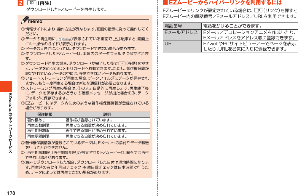 178EZweb/au2&amp;（再生）ダウンロードしたEZムービーを再生します。◎情報サイトにより、操作方法が異なります。画面の指示に従って操作してください。◎データの再生時に、 が表示されている画面で5を押すと、画面上にキー操作のガイドが表示されます。◎データの大きさによっては、ダウンロードできない場合があります。◎ダウンロードしたEZムービーは、本体内のデータフォルダに保存されます。◎ダウンロード再生の場合、ダウンロードが完了した後で%（移動）を押すと、データをmicroSDメモリカードへ移動できます。ただし、著作権保護が設定されているデータの中には、移動できないデータもあります。◎ショートストリーミング再生の場合、データフォルダにデータが保存されません。もう一度再生する場合は新たな通信料が必要となります。◎ストリーミング再生の場合は、そのまま自動的に再生します。再生終了後に、データを保存するかどうかの確認メッセージが出た場合のみ、データフォルダに保存できます。◎EZムービーにはデータ内に次のような著作権保護情報が登録されている場合があります。保護情報 説明著作権あり 著作権が登録されています。再生回数制限 再生できる回数が決められています。再生期限制限 再生できる期日が決められています。再生期間制限 再生できる日数が決められています。◎著作権保護情報が登録されているデータは、Eメールへの添付やデータ転送を行うことができません。◎「再生期限制限」「再生期間制限」が設定されたEZムービーは、圏外では再生できない場合があります。◎海外でダウンロードした場合、ダウンロードした日付は現地時間になります。再生時の有効年月日チェック・有効日数チェックは日本時間で行うため、データによっては再生できない場合があります。■EZムービーからハイパーリンクを利用するにはEZムービーにリンクが設定されている場合は、&amp;（リンク）を押すとEZムービー内の電話番号／Eメールアドレス／URLを利用できます。電話番号 電話をかけることができます。Eメールアドレス Eメール／デコレーションアニメを作成したり、Eメールアドレスをアドレス帳に登録できます。URL EZwebやPCサイトビューアーでページを表示したり、URLをお気に入りに登録できます。