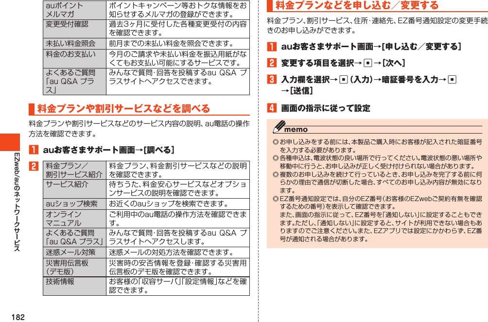 182EZweb/auauポイントメルマガポイントキャンペーン等おトクな情報をお知らせするメルマガの登録ができます。変更受付確認 過去3ヶ月に受付した各種変更受付の内容を確認できます。未払い料金照会 前月までの未払い料金を照会できます。料金のお支払い 今月のご請求や未払い料金を振込用紙がなくてもお支払い可能にするサービスです。よくあるご質問「auQ&amp;Aプラス」みんなで質問・回答を投稿するauQ&amp;Aプラスサイトへアクセスできます。料金プランや割引サービスなどを調べる料金プランや割引サービスなどのサービス内容の説明、au電話の操作方法を確認できます。1 auお客さまサポート画面→[調べる］2料金プラン／割引サービス紹介料金プラン、料金割引サービスなどの説明を確認できます。サービス紹介 待ちうた、料金安心サービスなどオプションサービスの説明を確認できます。auショップ検索 お近くのauショップを検索できます。オンラインマニュアルご利用中のau電話の操作方法を確認できます。よくあるご質問｢auQ&amp;Aプラス」みんなで質問・回答を投稿するauQ&amp;Aプラスサイトへアクセスします。迷惑メール対策 迷惑メールの対処方法を確認できます。災害用伝言板（デモ版）災害時の安否情報を登録・確認する災害用伝言板のデモ版を確認できます。技術情報 お客様の「収容サーバ」「設定情報」などを確認できます。料金プランなどを申し込む／変更する料金プラン、割引サービス、住所・連絡先、EZ番号通知設定の変更手続きのお申し込みができます。1 auお客さまサポート画面→[申し込む／変更する］2 変更する項目を選択→c→［次へ］3 入力欄を選択→c（入力）→暗証番号を入力→c →［送信］4 画面の指示に従って設定◎お申し込みをする前には、本製品ご購入時にお客様が記入された暗証番号を入力する必要があります。◎各種申込は、電波状態の良い場所で行ってください。電波状態の悪い場所や移動中に行うと、お申し込みが正しく受け付けられない場合があります。◎複数のお申し込みを続けて行っているとき、お申し込みを完了する前に何らかの理由で通信が切断した場合、すべてのお申し込み内容が無効になります。◎EZ番号通知設定では、自分のEZ番号（お客様のEZwebご契約有無を確認するための番号）を表示して確認できます。 また、画面の指示に従って、EZ番号を「通知しない」に設定することもできます。ただし、「通知しない」に設定すると、サイトが利用できない場合もありますのでご注意ください。また、EZアプリでは設定にかかわらず、EZ番号が通知される場合があります。