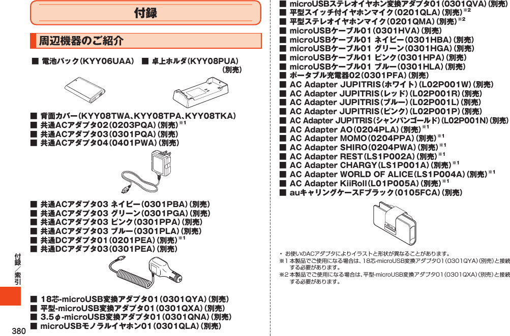 380付録周辺機器のご紹介■電池パック（KYY06UAA） ■卓上ホルダ（KYY08PUA）　　　　　　　　　　（別売）■背面カバー（KYY08TWA、KYY08TPA、KYY08TKA）■共通ACアダプタ02（0203PQA）（別売）※1■共通ACアダプタ03（0301PQA）（別売）■共通ACアダプタ04（0401PWA）（別売）■共通ACアダプタ03ネイビー（0301PBA）（別売）■共通ACアダプタ03グリーン（0301PGA）（別売）■共通ACアダプタ03ピンク（0301PPA）（別売）■共通ACアダプタ03ブルー（0301PLA）（別売）■共通DCアダプタ01（0201PEA）（別売）※1■共通DCアダプタ03（0301PEA）（別売）■18芯-microUSB変換アダプタ01（0301QYA）（別売）■平型-microUSB変換アダプタ01（0301QXA）（別売）■3.5φ-microUSB変換アダプタ01（0301QNA）（別売）■microUSBモノラルイヤホン01（0301QLA）（別売）■microUSBステレオイヤホン変換アダプタ01（0301QVA）（別売）■平型スイッチ付イヤホンマイク（0201QLA）（別売）※2■平型ステレオイヤホンマイク（0201QMA）（別売）※2■microUSBケーブル01（0301HVA）（別売）■microUSBケーブル01ネイビー（0301HBA）（別売）■microUSBケーブル01グリーン（0301HGA）（別売）■microUSBケーブル01ピンク（0301HPA）（別売）■microUSBケーブル01ブルー（0301HLA）（別売）■ポータブル充電器02（0301PFA）（別売）■ACAdapterJUPITRIS（ホワイト）（L02P001W）（別売）■ACAdapterJUPITRIS（レッド）（L02P001R）（別売）■ACAdapterJUPITRIS（ブルー）（L02P001L）（別売）■ACAdapterJUPITRIS（ピンク）（L02P001P）（別売）■ACAdapterJUPITRIS（シャンパンゴールド）（L02P001N）（別売）■ACAdapterAO（0204PLA）（別売）※1■ACAdapterMOMO（0204PPA）（別売）※1■ACAdapterSHIRO（0204PWA）（別売）※1■ACAdapterREST（LS1P002A）（別売）※1■ACAdapterCHARGY（LS1P001A）（別売）※1■ACAdapterWORLDOFALICE（LS1P004A）（別売）※1■ACAdapterKiiRoll（L01P005A）（別売）※1■auキャリングケースFブラック（0105FCA）（別売） 