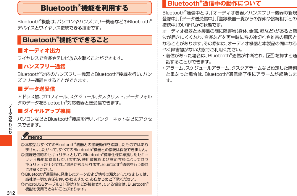 312Bluetooth®機能を利用するBluetooth®機能は、パソコンやハンズフリー機器などのBluetooth®デバイスとワイヤレス接続できる技術です。Bluetooth®機能でできること■オーディオ出力ワイヤレスで音楽やテレビ放送を聴くことができます。■ハンズフリー通話Bluetooth®対応のハンズフリー機器とBluetooth®接続を行い、ハンズフリー通話をすることができます。■データ送受信アドレス帳、プロフィール、スケジュール、タスクリスト、データフォルダのデータをBluetooth®対応機器と送受信できます。■ダイヤルアップ接続パソコンなどとBluetooth®接続を行い、インターネットなどにアクセスできます。◎本製品はすべてのBluetooth®機器との接続動作を確認したものではありません。したがって、すべてのBluetooth®機器との接続は保証できません。◎無線通信時のセキュリティとして、Bluetooth®標準仕様に準拠したセキュリティ機能に対応していますが、使用環境および設定内容によってはセキュリティが十分でない場合が考えられます。Bluetooth®通信を行う際はご注意ください。◎Bluetooth®通信時に発生したデータおよび情報の漏えいにつきましては、当社は一切の責任を負いかねますので、あらかじめご了承ください。◎microUSBケーブル01（別売）などが接続されている場合は、Bluetooth®機能を使用できないことがあります。Bluetooth®通信中の動作についてBluetooth®通信中とは、「オーディオ機器／ハンズフリー機器の新規登録中」、「データ送受信中」、「登録機器一覧からの探索や接続相手との接続中」のいずれかの状態です。オーディオ機器と本製品の間に障害物（身体、金属、壁など）があると電波が届きにくくなり、音楽などを再生時に音の途切れや雑音の原因となることがあります。その際には、オーディオ機器と本製品の間になるべく障害物がない状態でご利用ください。•着信があった場合は、Bluetooth®通信が中断され、Nを押すと通話することができます。•アラーム、スケジュールアラーム、タスクアラームなど設定した時刻と重なった場合は、Bluetooth®通信終了後にアラームが起動します。