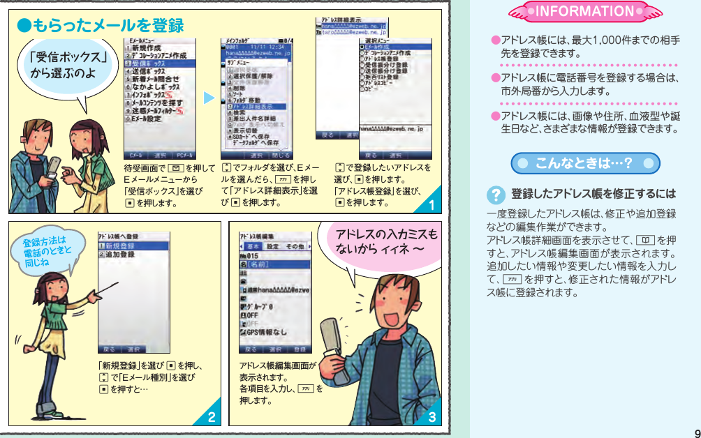 112 32 3かかって きた電話やメールをアドレス帳に登録するアドレス帳編集画面が表示されます 。各項目を入力し、%を押します 。アドレス帳編集画面が表示されます 。各項目を 入力し、%を押します 。 着信履歴からアドレス帳に登録 できるのよ∼待受画面でLを押してEメールメニューから「受信ボックス」を選びcを押します。「新規登録」を選びcを押し､jで「Eメール種別」を選びcを押すと…「新規登録」を選んでcを押して 、jで番号種別を選びcを押すと…名前を入力したら登録完了「受信ボックス」から選ぶのよ登録方法は電話のときと同じねアドレスの入力ミスもないから ィィネ  ∼ 例えば 「携帯」を  選んで…かかって きた電話やメールをアドレス帳に登録する●かかってきた電話を登録●もらったメールを登録カンタン∼待受画面でlを押すと着信履歴一覧画面が表示されます 。jで登録したい番号を選びます。%を押すとサブメニューが表示されます。「アドレス帳へ登録」を選びcを押します。jで登録したいアドレスを選び、cを押します。「アドレス帳登録」を選び、cを押します。アドレス帳を使えば、電話やメールの送信が 楽になるのョ！カンタン∼jでフォル ダを選び、Eメールを選んだら、%を押して「アドレス詳細表示」を選びcを押します。アドレス帳に登録する登録したアドレス帳を修正するには一度登録したアドレス帳は、修正や追加登録などの編集作業ができます。アドレス帳詳細画面を表示させて、&amp;を押すと、アドレス帳編集画面が表示されます。追加したい情報や変更したい情報を入力して、%を押すと、修正された情報がアドレス帳に登録されます。●アドレス帳には、最大1,000件までの相手先を登録できます。●アドレス帳に電話番号を登録する場合は、市外局番から入力します。●アドレス帳には、画像や住所、血液型や誕生日など、さまざまな情報が登録できます。こんなときは…？ ●INFORMATION● 98