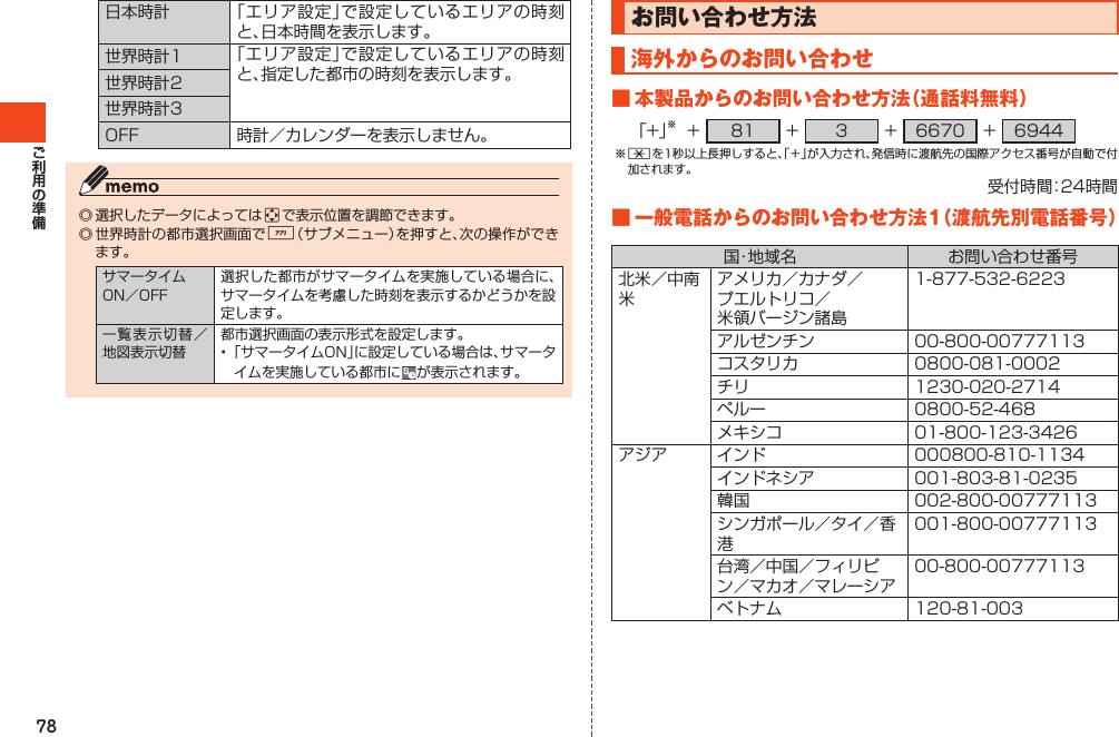 78日本時計 「エリア設定」で設定しているエリアの時刻と、日本時間を表示します。世界時計1 「エリア設定」で設定しているエリアの時刻と、指定した都市の時刻を表示します。世界時計2世界時計3OFF 時計／カレンダーを表示しません。◎選択したデータによってはaで表示位置を調節できます。◎世界時計の都市選択画面で%（サブメニュー）を押すと、次の操作ができます。サマータイムON／OFF選択した都市がサマータイムを実施している場合に、サマータイムを考慮した時刻を表示するかどうかを設定します。一覧表示切替／地図表示切替都市選択画面の表示形式を設定します。•「サマータイムON」に設定している場合は、サマータイムを実施している都市に が表示されます。お問い合わせ方法海外からのお問い合わせ■本製品からのお問い合わせ方法（通話料無料）「+」※+ 81 + 3 + 6670 + 6944※*を1秒以上長押しすると、「＋」が入力され、発信時に渡航先の国際アクセス番号が自動で付加されます。受付時間：24時間■一般電話からのお問い合わせ方法1（渡航先別電話番号）国・地 域 名 お問い合わせ番号北米／中南米アメリカ／カナダ／プエルトリコ／米領バージン諸島1-877-532-6223アルゼンチン 00-800-00777113コスタリカ 0800-081-0002チリ 1230-020-2714ペルー 0800-52-468メキシコ 01-800-123-3426アジア インド 000800-810-1134インドネシア 001-803-81-0235韓国 002-800-00777113シンガポール／タイ／香港001-800-00777113台湾／中国／フィリピン／マカオ／マレーシア00-800-00777113ベトナム 120-81-003