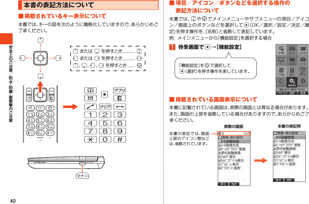 40本書の表記方法について■掲載されているキー表示について本書では、キーの図を次のように簡略化していますので、あらかじめご了承ください。◀・・・◀・・・◀・・・◀・・・uまたは dを押すとき........... jlまたは rを押すとき........... su、d、l、rを押すとき....... al rdu+NCF123456789*0#c&amp; %L R■項目／アイコン／ボタンなどを選択する操作の表記方法について本書では、jやaでメインメニューやサブメニューの項目／アイコン／画面上のボタンなどを選択してc（OK／選択／設定／決定／確定）を押す操作を、［名称］と省略して表記しています。例：メインメニューから「機能設定」を選択する場合1 待受画面でc→［機能設定］「機能設定」をaで選択してc（選択）を押す操作を表しています。■掲載されている画面表示について本書に記載されている画面は、実際の画面とは異なる場合があります。また、画面の上部を省略している場合がありますので、あらかじめご了承ください。本書の表記では、画面上部のアイコン類などは、省略されています。    実際の画面 本書の表記例