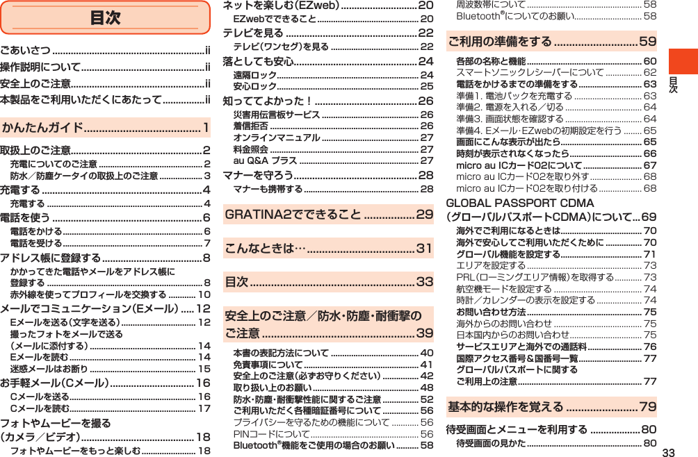 33ごあいさつ ..........................................................ii操作説明について ...............................................ii安全上のご注意...................................................ii本製品をご利用いただくにあたって ................iiかんたんガイド .......................................1取扱上のご注意..................................................2充電についてのご注意 .............................................. 2防水／防塵ケータイの取扱上のご注意 ................... 3充電する .............................................................4充電する ..................................................................... 4電話を使う .........................................................6電話をかける .............................................................. 6電話を受ける .............................................................. 7アドレス帳に登録する ......................................8かかってきた電話やメールをアドレス帳に 登録する ..................................................................... 8赤外線を使ってプロフィールを交換する ............ 10メールでコミュニケーション（Eメール） .....12Eメールを送る（文字を送る） ................................. 12撮ったフォトをメールで送る （メールに添付する） ............................................... 14Eメールを読む ........................................................ 14迷惑メールはお断り ............................................... 15お手軽メール（Cメール） ................................ 16Cメールを送る ........................................................ 16Cメールを読む ........................................................ 17フォトやムービーを撮る （カメラ／ビデオ） ...........................................18フォトやムービーをもっと楽しむ ........................ 18ネットを楽しむ（EZweb） .............................20EZwebでできること ............................................. 20テレビを見る ..................................................22テレビ（ワンセグ）を見る ....................................... 22落としても安心...............................................24遠隔ロック ............................................................... 24安心ロック ............................................................... 25知っててよかった！ .......................................26災害用伝言板サービス ........................................... 26着信拒否 .................................................................. 26オンラインマニュアル ........................................... 27料金照会 .................................................................. 27au Q&amp;A プラス ..................................................... 27マナーを守ろう...............................................28マナーも携帯する ................................................... 28GRATINA2でできること .................29こんなときは… ....................................31目次 .......................................................33安全上のご注意／防水・防塵・耐衝撃の  ご注意 ...................................................39本書の表記方法について ....................................... 40免責事項について ................................................... 41安全上のご注意（必ずお守りください） ................ 42取り扱い上のお願い ............................................... 48防水・防塵・耐衝撃性能に関するご注意 ................ 52ご利用いただく各種暗証番号について ................ 56プライバシーを守るための機能について ............ 56PINコードについて ................................................ 56Bluetooth®機能をご使用の場合のお願い .......... 58周波数帯について ................................................... 58Bluetooth®についてのお願い.............................. 58ご利用の準備をする ............................59各部の名称と機能 ................................................... 60スマートソニックレシーバーについて ................ 62電話をかけるまでの準備をする ............................ 63準備1. 電池パックを充電する .............................. 63準備2. 電源を入れる／切る .................................. 64準備3. 画面状態を確認する .................................. 64準備4. Eメール・EZwebの初期設定を行う ........ 65画面にこんな表示が出たら .................................... 65時刻が表示されなくなったら ................................ 66micro au ICカード02について .......................... 67micro au ICカード02を取り外す ....................... 68micro au ICカード02を取り付ける ................... 68GLOBAL PASSPORT CDMA （グローバルパスポートCDMA）について...69海外でご利用になるときは .................................... 70海外で安心してご利用いただくために ................ 70グローバル機能を設定する .................................... 71エリアを設定する ................................................... 73PRL（ローミングエリア情報）を取得する ............ 73航空機モードを設定する ....................................... 74時計／カレンダーの表示を設定する .................... 74お問い合わせ方法 ................................................... 75海外からのお問い合わせ ....................................... 75日本国内からのお問い合わせ ................................ 75サービスエリアと海外での通話料 ........................ 76国際アクセス番号＆国番号一覧 ............................ 77グローバルパスポートに関する  ご利用上の注意 ....................................................... 77基本的な操作を覚える ........................79待受画面とメニューを利用する ................... 80待受画面の見かた ................................................... 80目次