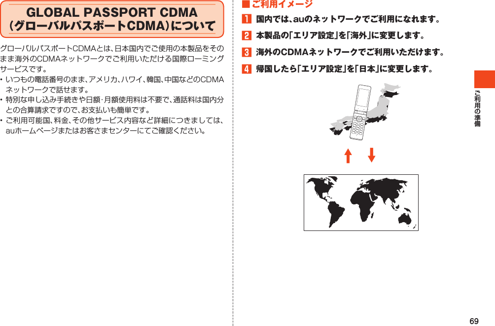 69GLOBALPASSPORTCDMA（グローバルパスポートCDMA）についてグローバルパスポートCDMAとは、日本国内でご使用の本製品をそのまま海外のCDMAネットワークでご利用いただける国際ローミングサービスです。•いつもの電話番号のまま、アメリカ、ハワイ、韓国、中国などのCDMAネットワークで話せます。•特別な申し込み手続きや日額・月額使用料は不要で、通話料は国内分との合算請求ですので、お支払いも簡単です。•ご利用可能国、料金、その他サービス内容など詳細につきましては、auホームページまたはお客さまセンターにてご確認ください。■ご利用イメージ1 国内では、auのネットワークでご利用になれます。2 本製品の「エリア設定」を「海外」に変更します。3 海外のCDMAネットワークでご利用いただけます。4 帰国したら「エリア設定」を「日本」に変更します。