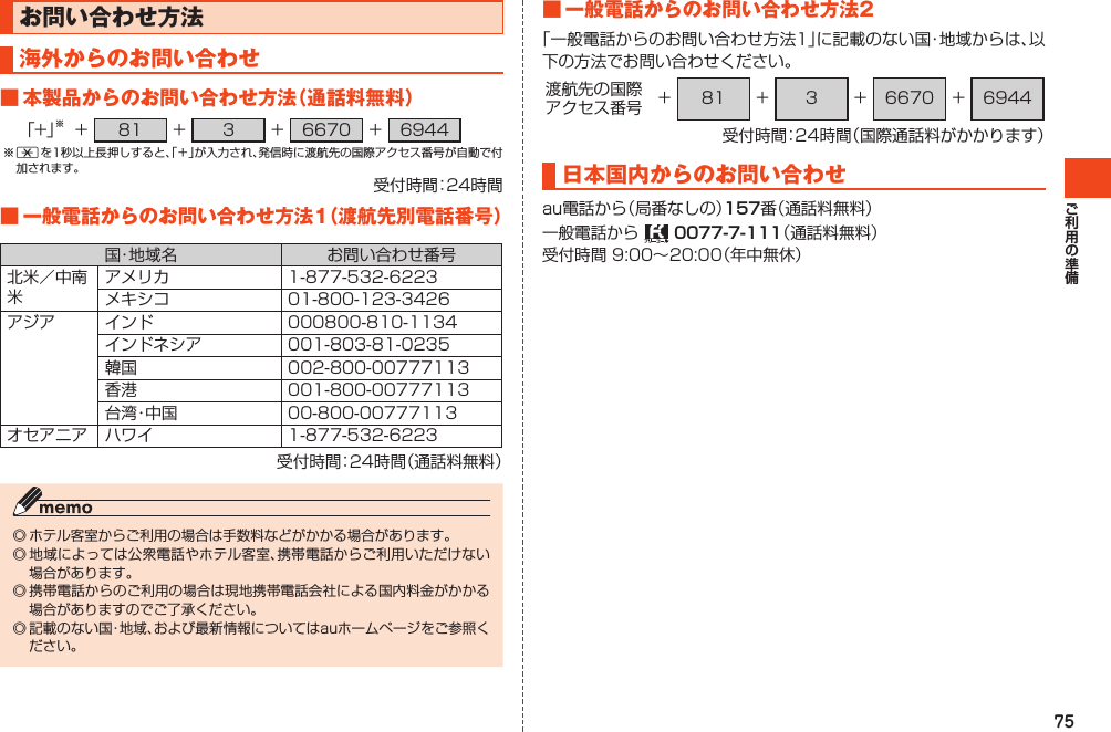 75お問い合わせ方法海外からのお問い合わせ■本製品からのお問い合わせ方法（通話料無料）「+」※+ 81 + 3 + 6670 + 6944※*を1秒以上長押しすると、「＋」が入力され、発信時に渡航先の国際アクセス番号が自動で付加されます。受付時間：24時間■一般電話からのお問い合わせ方法1（渡航先別電話番号）国・地 域 名 お問い合わせ番号北米／中南米アメリカ 1-877-532-6223メキシコ 01-800-123-3426アジア インド 000800-810-1134インドネシア 001-803-81-0235韓国 002-800-00777113香港 001-800-00777113台 湾・中 国 00-800-00777113オセアニア ハワイ 1-877-532-6223受付時間：24時間（通話料無料）◎ホテル客室からご利用の場合は手数料などがかかる場合があります。◎地域によっては公衆電話やホテル客室、携帯電話からご利用いただけない場合があります。◎携帯電話からのご利用の場合は現地携帯電話会社による国内料金がかかる場合がありますのでご了承ください。◎記載のない国・地域、および最新情報についてはauホームページをご参照ください。■一般電話からのお問い合わせ方法2「一般電話からのお問い合わせ方法1」に記載のない国・地域からは、以下の方法でお問い合わせください。渡航先の国際アクセス番号 + 81 + 3 + 6670 + 6944受付時間：24時間（国際通話料がかかります）日本国内からのお問い合わせau電話から（局番なしの）157番（通話料無料）一般電話から 0077-7-111（通話料無料）受付時間9:00～20:00（年中無休）