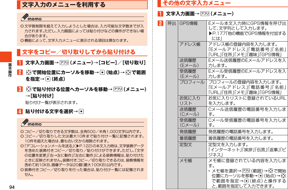 94文字入力のメニューを利用する◎文字数制限を超えて入力しようとした場合は、入力可能な文字数までが入力されます。ただし、入力画面によっては貼り付けなどの操作ができない場合があります。◎機能によって、文字入力メニューに表示される項目は異なります。文字をコピー／切り取りしてから貼り付ける1 文字入力画面→%（メニュー）→［コピー］／［切り取り］2aで開始位置にカーソルを移動→c（始点）→aで範囲を指定→c（終点）3aで貼り付ける位置へカーソルを移動→%（メニュー）→［貼り付け］貼り付け一覧が表示されます。4 貼り付ける文字を選択→c◎コピー／切り取りできる文字数は、全角500／半角1,000文字以内です。◎コピー／切り取りした文は最大10件まで貼り付け一覧に記憶されます。10件を超えた場合は、最も古い文から削除されます。◎「デコレーションメールを送る」（▶P.122）の本文入力時は、文字装飾データを含めた装飾付きコピー／切り取り／貼り付けができます。ただし、「文字の位置を変更」「右→左に動作」「左右に動作」による装飾情報は、貼り付けたときに反映されません。装飾付きコピー／切り取りできるのは、装飾情報を含めて約10KB、画像データは20個（最大100KB）以内です。◎装飾付きコピー／切り取りを行った場合は、貼り付け一覧には記憶されません。その他の文字入力メニュー1 文字入力画面→%（メニュー）2呼出 GPS情報 Eメール本文入力時にGPS情報を呼び出して、文字列として入力します。▶P.177「他の機能でGPS情報を付加するには」アドレス帳 アドレス帳の登録内容を入力します。「Eメールアドレス」「電話番号」「名前」「URL」「住所」「メモ」「趣味」「GPS情報」送信履歴（Eメール）Eメール送信履歴のEメールアドレスを入力します。受信履歴（Eメール）Eメール受信履歴のEメールアドレスを入力します。プロフィール プロフィールの登録内容を入力します。「Eメールアドレス」「電話番号」「名前」「URL」「住所」「メモ」「趣味」「GPS情報」お気に入りリストお気に入りリストに登録されているURLを入力します。送信履歴（Cメール）Cメール送信履歴の電話番号を入力します。受信履歴（Cメール）Cメール受信履歴の電話番号を入力します。発信履歴 発信履歴の電話番号を入力します。着信履歴 着信履歴の電話番号を入力します。定型文 定型文を入力します。「インターネット」「挨拶」「伝言」「返事」「ビジネス」メモ帳 メモ帳に登録されている内容を入力します。•メモ帳を選択→%（範囲）→aで開始位置にカーソルを移動→c（始点）→aで範囲を指定→c（終点）と操作すると、範囲を指定して入力できます。