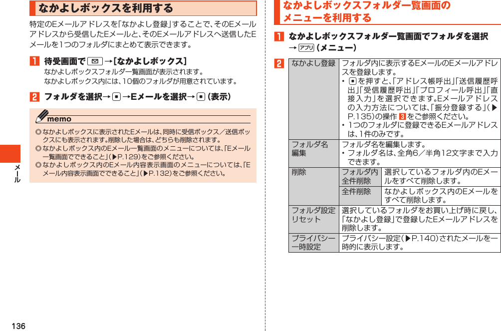 136なかよしボックスを利用する特定のEメールアドレスを「なかよし登録」することで、そのEメールアドレスから受信したEメールと、そのEメールアドレスへ送信したEメールを1つのフォルダにまとめて表示できます。󱈠 待受画面でL→［なかよしボックス］なかよしボックスフォルダ一覧画面が表示されます。なかよしボックス内には、10個のフォルダが用意されています。󱈢 フォルダを選択→c→Eメールを選択→c（表示）◎なかよしボックスに表示されたEメールは、同時に受信ボックス／送信ボックスにも表示されます。削除した場合は、どちらも削除されます。◎なかよしボックス内のEメール一覧画面のメニューについては、「Eメール一覧画面でできること」（▶P.129）をご参照ください。◎なかよしボックス内のEメール内容表示画面のメニューについては、「Eメール内容表示画面でできること」（▶P.132）をご参照ください。なかよしボックスフォルダ一覧画面のメニューを利用する󱈠 なかよしボックスフォルダ一覧画面でフォルダを選択→%（メニュー）󱈢なかよし登録 フォルダ内に表示するEメールのEメールアドレスを登録します。•cを押すと、「アドレス帳呼出」「送信履歴呼出」「受信履歴呼出」「プロフィール呼出」「直接入力」を選択できます。Eメールアドレスの入力方法については、「振分登録する」（▶P.135）の操作󱈤をご参照ください。•1つのフォルダに登録できるEメールアドレスは、1件のみです。フォルダ名編集フォルダ名を編集します。•フォルダ名は、全角6／半角12文字まで入力できます。削除 フォルダ内全件削除選択しているフォルダ内のEメールをすべて削除します。全件削除 なかよしボックス内のEメールをすべて削除します。フォルダ設定リセット選択しているフォルダをお買い上げ時に戻し、「なかよし登録」で登録したEメールアドレスを削除します。プライバシー一時設定プライバシー設定（▶P.140）されたメールを一時的に表示します。