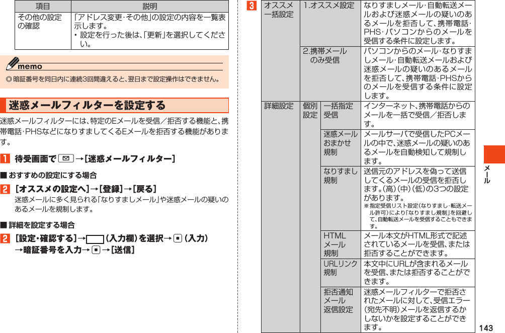 143項目 説明その他の設定の確認「アドレス変更・その他」の設定の内容を一覧表示します。•設定を行った後は、「更新」を選択してください。◎暗証番号を同日内に連続3回間違えると、翌日まで設定操作はできません。迷惑メールフィルターを設定する迷惑メールフィルターには、特定のEメールを受信／拒否する機能と、携帯電話･PHSなどになりすましてくるEメールを拒否する機能があります。󱈠 待受画面でL→［迷惑メールフィルター］■ おすすめの設定にする場合󱈢［オススメの設定へ］→［登録］→［戻る］迷惑メールに多く見られる「なりすましメール」や迷惑メールの疑いのあるメールを規制します。■ 詳細を設定する場合󱈢［設定・確認する］→ （入力欄）を選択→c（入力）→暗証番号を入力→c→［送信］󱈤オススメ一括設定1.オススメ設定 なりすましメール・自動転送メールおよび迷惑メールの疑いのあるメールを拒否して、携帯電話・PHS・パソコンからのメールを受信する条件に設定します。2.携帯メールのみ受信パソコンからのメール・なりすましメール・自動転送メールおよび迷惑メールの疑いのあるメールを拒否して、携帯電話・PHSからのメールを受信する条件に設定します。詳細設定 個別設定一括指定受信インターネット、携帯電話からのメールを一括で受信／拒否します。迷惑メールおまかせ規制メールサーバで受信したPCメールの中で、迷惑メールの疑いのあるメールを自動検知して規制します。なりすまし規制送信元のアドレスを偽って送信してくるメールの受信を拒否します。（高）（中）（低）の3つの設定があります。※指定受信リスト設定（なりすまし・転送メール許可）により「なりすまし規制」を回避して、自動転送メールを受信することもできます。HTMLメール規制メール本文がHTML形式で記述されているメールを受信、または拒否することができます。URLリンク規制本文中にURLが含まれるメールを受信、または拒否することができます。拒否通知メール返信設定迷惑メールフィルターで拒否されたメールに対して、受信エラー（宛先不明）メールを返信するかしないかを設定することができます。