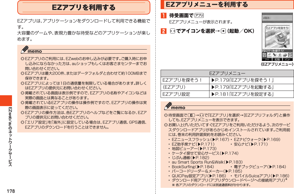 178EZweb/auEZアプリを利用するEZアプリは、アプリケーションをダウンロードして利用できる機能です。大容量のゲームや、表現力豊かな待受などのアプリケーションが楽しめます。◎EZアプリのご利用には、EZwebのお申し込みが必要です。ご購入時にお申し込みにならなかった方は、auショップもしくはお客さまセンターまでお問い合わせください。◎EZアプリは最大200件、またはデータフォルダと合わせて約100MBまで保存できます。◎EZアプリによっては1日の通信量を制限している場合があります。詳しくはEZアプリの提供元にお問い合わせください。◎掲載されている画面は表示例ですので、EZアプリの名称やアイコンなどは実際の画面とは異なることがあります。◎掲載されているEZアプリの操作は操作例ですので、EZアプリの操作は実際の画面表示に従ってください。◎EZアプリの操作方法は、各EZアプリのヘルプなどをご覧になるか、EZアプリの提供元にお問い合わせください。◎「エリア設定」を「海外」に設定している場合は、EZアプリ通信、GPS通信、EZアプリのダウンロードを行うことはできません。EZアプリメニューを利用する󱈠 待受画面で%EZアプリメニューが表示されます。󱈢sでアイコンを選択→c（起動／OK）《EZアプリメニュー》EZアプリメニューEZアプリを探そう！ ▶P.179「EZアプリを探そう！」（EZアプリ） ▶P.179「EZアプリを起動する」EZアプリ設定 ▶P.181「EZアプリを設定する」◎待受画面でR→sで「EZアプリ」を選択→［EZアプリフォルダ］と操作しても、EZアプリメニューを表示できます。◎お買い上げいただいてすぐEZアプリをご利用いただけるよう、次のサービスダウンロードアプリがあらかじめインストールされています。ご利用前には、巻末の利用許諾契約をお読みください。• EZニュースフラッシュ（▶P.167）• EZナビウォーク（▶P.169）• EZ助手席ナビ（▶P.171） • 安心ナビ（▶P.171）• 地図ビューアー（▶P.173）• ケータイ探せて安心サービス（▶P.174）• じぶん通帳（▶P.182）• auSmartSportsRun&amp;Walk（▶P.183）• BookSurfing（▶P.184） • 電子ブックビューア（▶P.184）• バーコードリーダー＆メーカー（▶P.185）• QUICPay設定アプリ（▶P.186） • モバイルSuicaアプリ（▶P.186）• ダウンロード用アプリ（アプリダウンロードページへの接続用アプリ）※ ※各アプリのダウンロードには別途通信料がかかります。