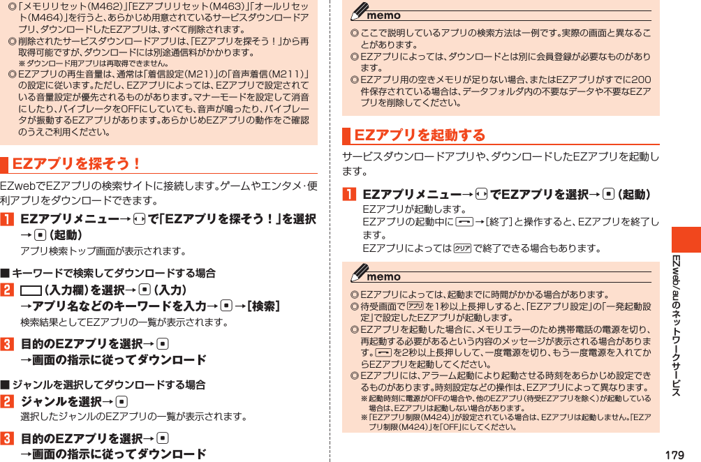 179EZweb/au◎「メモリリセット（M462）」「EZアプリリセット（M463）」「オールリセット（M464）」を行うと、あらかじめ用意されているサービスダウンロードアプリ、ダウンロードしたEZアプリは、すべて削除されます。◎削除されたサービスダウンロードアプリは、「EZアプリを探そう！」から再取得可能ですが、ダウンロードには別途通信料がかかります。※ダウンロード用アプリは再取得できません。◎EZアプリの再生音量は、通常は「着信設定（M21）」の「音声着信（M211）」の設定に従います。ただし、EZアプリによっては、EZアプリで設定されている音量設定が優先されるものがあります。マナーモードを設定して消音にしたり、バイブレータをOFFにしていても、音声が鳴ったり、バイブレータが振動するEZアプリがあります。あらかじめEZアプリの動作をご確認のうえご利用ください。EZアプリを探そう！EZwebでEZアプリの検索サイトに接続します。ゲームやエンタメ・便利アプリをダウンロードできます。󱈠 EZアプリメニュー→sで「EZアプリを探そう！」を選択→c（起動）アプリ検索トップ画面が表示されます。■ キーワードで検索してダウンロードする場合󱈢 （入力欄）を選択→c（入力）→アプリ名などのキーワードを入力→c→［検索］検索結果としてEZアプリの一覧が表示されます。󱈤 目的のEZアプリを選択→c →画面の指示に従ってダウンロード■ ジャンルを選択してダウンロードする場合󱈢 ジャンルを選択→c選択したジャンルのEZアプリの一覧が表示されます。󱈤 目的のEZアプリを選択→c →画面の指示に従ってダウンロード◎ここで説明しているアプリの検索方法は一例です。実際の画面と異なることがあります。◎EZアプリによっては、ダウンロードとは別に会員登録が必要なものがあります。◎EZアプリ用の空きメモリが足りない場合、またはEZアプリがすでに200件保存されている場合は、データフォルダ内の不要なデータや不要なEZアプリを削除してください。EZアプリを起動するサービスダウンロードアプリや、ダウンロードしたEZアプリを起動します。󱈠 EZアプリメニュー→sでEZアプリを選択→c（起動）EZアプリが起動します。EZアプリの起動中にF→［終了］と操作すると、EZアプリを終了します。EZアプリによってはCで終了できる場合もあります。◎EZアプリによっては、起動までに時間がかかる場合があります。◎待受画面で%を1秒以上長押しすると、「EZアプリ設定」の「一発起動設定」で設定したEZアプリが起動します。◎EZアプリを起動した場合に、メモリエラーのため携帯電話の電源を切り、再起動する必要があるという内容のメッセージが表示される場合があります。Fを2秒以上長押しして、一度電源を切り、もう一度電源を入れてからEZアプリを起動してください。◎EZアプリには、アラーム起動により起動させる時刻をあらかじめ設定できるものがあります。時刻設定などの操作は、EZアプリによって異なります。※起動時刻に電源がOFFの場合や、他のEZアプリ（待受EZアプリを除く）が起動している場合は、EZアプリは起動しない場合があります。※「EZアプリ制限（M424）」が設定されている場合は、EZアプリは起動しません。「EZアプリ制限（M424）」を「OFF」にしてください。