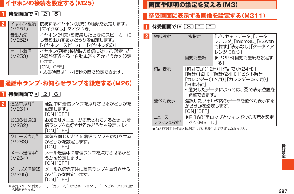 297イヤホンの接続を設定する（M25）1 待受画面でc252通話中ランプ・お知らせランプを設定する（M26）1 待受画面でc262画面や照明の設定を変える（M3）待受画面に表示する画像を設定する（M311）1 待受画面でc3112   󱚤 a 󱚤