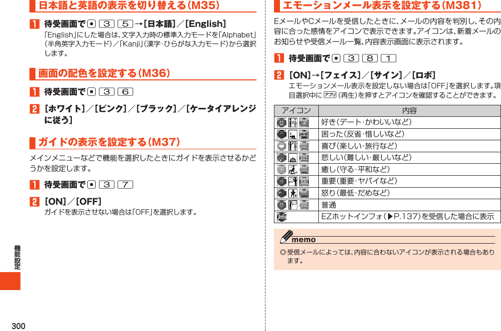 300日本語と英語の表示を切り替える（M35）1 待受画面でc35→［日本語］／［English］「English」にした場合は、文字入力時の標準入力モードを「Alphabet」（半角英字入力モード）／「Kanji」（漢字・ひらがな入力モード）から選択します。画面の配色を設定する（M36）1 待受画面でc362［ホワイト］／［ピンク］／［ブラック］／［ケータイアレンジに従う］ガイドの表示を設定する（M37）メインメニューなどで機能を選択したときにガイドを表示させるかどうかを設定します。1 待受画面でc372［ON］／［OFF］ガイドを表示させない場合は「OFF」を選択します。エモーションメール表示を設定する（M381）EメールやCメールを受信したときに、メールの内容を判別し、その内容に合った感情をアイコンで表示できます。アイコンは、新着メールのお知らせや受信メール一覧、内容表示画面に表示されます。1 待受画面でc3812［ON］→［フェイス］／［サイン］／［ロボ］エモーションメール表示を設定しない場合は「OFF」を選択します。項目選択中に%（再生）を押すとアイコンを確認することができます。アイコン 内容  好き（デート・かわいいなど）  困った（反省・惜しいなど）  喜び（楽しい・旅行など）  悲しい（難しい・厳しいなど）  癒し（守る・平和など）  重要（重要・ヤバイなど）  怒り（最低・だめなど）  普通EZホットインフォ（▶P.137）を受信した場合に表示◎受信メールによっては、内容に合わないアイコンが表示される場合もあります。