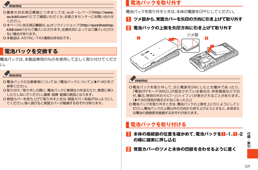 327◎ 最新の対応周辺機器につきましては、auホームページ（http://www.au.kddi.com/）にてご確認いただくか、お客さまセンターにお問い合わせください。◎ 本ページにある周辺機器は、auオンラインショップ（http://auonlineshop.kddi.com/）からご購入いただけます。在庫状況によってはご購入いただけない場合があります。◎ 本製品は、ASYNC／FAX通信は非対応です。電池パックを交換する電池パックは、本製品専用のものを使用して正しく取り付けてください。◎ 電池パックの注意事項については、「電池パックについて」（▶P. 46）をご参照ください。◎ 取り付け／取り外しの際に、電池パックに無理な力を加えたり、無理に挿入したりしないでください。傷害・故障・破損の原因となります。◎ 背面カバーを持ち上げて取り外すときは、背面カバーを曲げないようにしてください。強く曲げると背面カバーが破損するおそれがあります。電池パックを取り外す電池パックを取り外すときは、本体の電源をOFFにしてください。1 ツメ部から、背面カバーを矢印の方向に引き上げて取り外す2 電池パックの上側を矢印方向に引き上げて取り外すツメ部󱈠󱈢◎ 電池パックを取り外して、次に電源をONにしたとき圏外であったり、「電波OFFモード（M52）」が設定されている場合は、待受画面などで日付、曜日、時刻の代わりに「ー」（ハイフン）が表示されることがあります。 （▶P. 66「時刻が表示されなくなったら」）◎ 電池パックを取り外すときは、電池パックの上側を上に引くようにしてください。電池パックの上側以外の方向から持ち上げようとすると、本体または電池の接続部を破損するおそれがあります。電池パックを取り付ける1 本体の接続部の位置を確かめて、電池パックを1-1、1- 2の順に確実に押し込む2 背面カバーのツメと本体の凹部を合わせるように置く329 