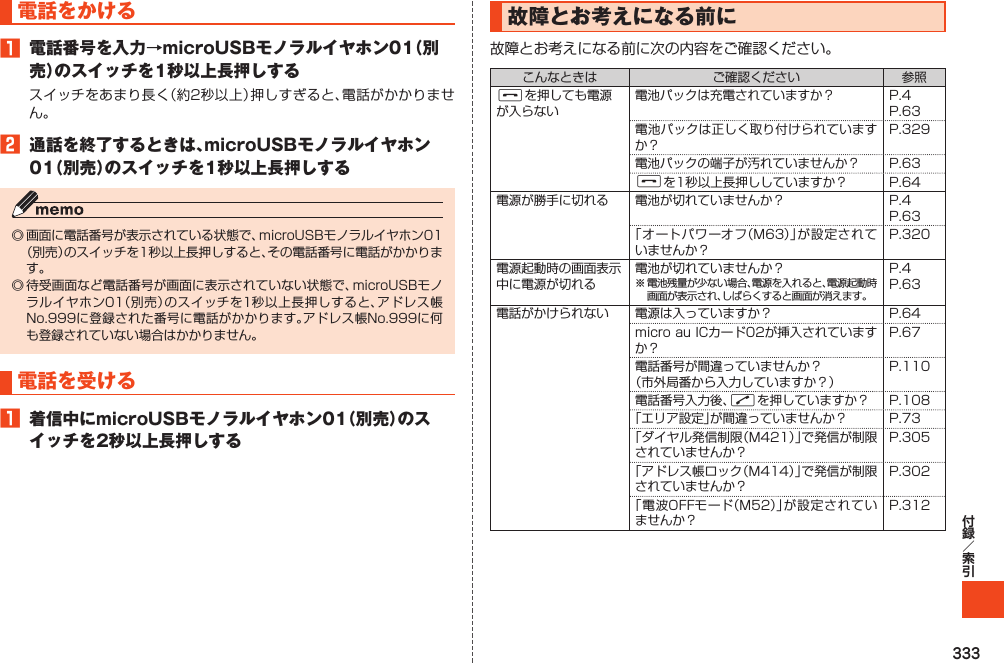 333電話をかける1 電話番号を入力→microUSBモノラルイヤホン01（別売）のスイッチを1秒以上長押しするスイッチをあまり長く（約2秒以上）押しすぎると、電話がかかりません。2 通話を終了するときは、microUSBモノラルイヤホン01（別売）のスイッチを1秒以上長押しする◎画面に電話番号が表示されている状態で、microUSBモノラルイヤホン01（別売）のスイッチを1秒以上長押しすると、その電話番号に電話がかかります。◎待受画面など電話番号が画面に表示されていない状態で、microUSBモノラルイヤホン01（別売）のスイッチを1秒以上長押しすると、アドレス帳No.999に登録された番号に電話がかかります。アドレス帳No.999に何も登録されていない場合はかかりません。電話を受ける1 着信中にmicroUSBモノラルイヤホン01（別売）のスイッチを2秒以上長押しする故障とお考えになる前に故障とお考えになる前に次の内容をご確認ください。こんなときは ご確認ください 参照Fを押しても電源が入らない電池パックは充電されていますか？ P.4P.63電池パックは正しく取り付けられていますか？P.329電池パックの端子が汚れていませんか？ P.63Fを1秒以上長押ししていますか？ P.64電源が勝手に切れる 電池が切れていませんか？ P.4P.63「オートパワーオフ（M63）」が設定されていませんか？P.320電源起動時の画面表示中に電源が切れる電池が切れていませんか？※電池残量が少ない場合、電源を入れると、電源起動時画面が表示され、しばらくすると画面が消えます。P.4P.63電話がかけられない 電源は入っていますか？ P.64microauICカード02が挿入されていますか？P.67電話番号が間違っていませんか？（市外局番から入力していますか？）P.110電話番号入力後、Nを押していますか？ P.108「エリア設定」が間違っていませんか？ P.73「ダイヤル発信制限（M421）」で発信が制限されていませんか？P.305「アドレス帳ロック（M414）」で発信が制限されていませんか？P.302「電波OFFモード（M52）」が設定されていませんか？P.312